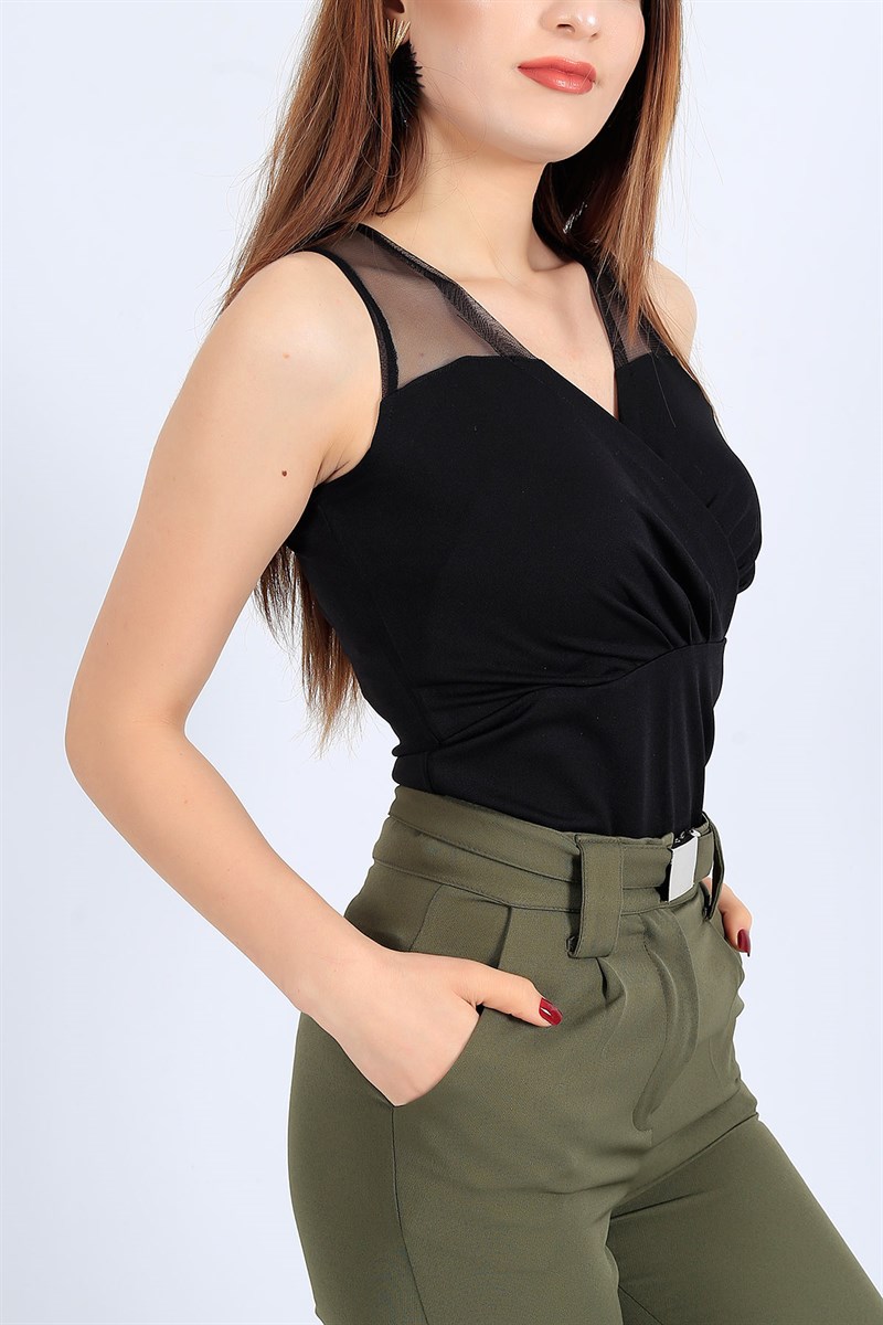 Tül Detay Likralı Siyah Bluz 26816B