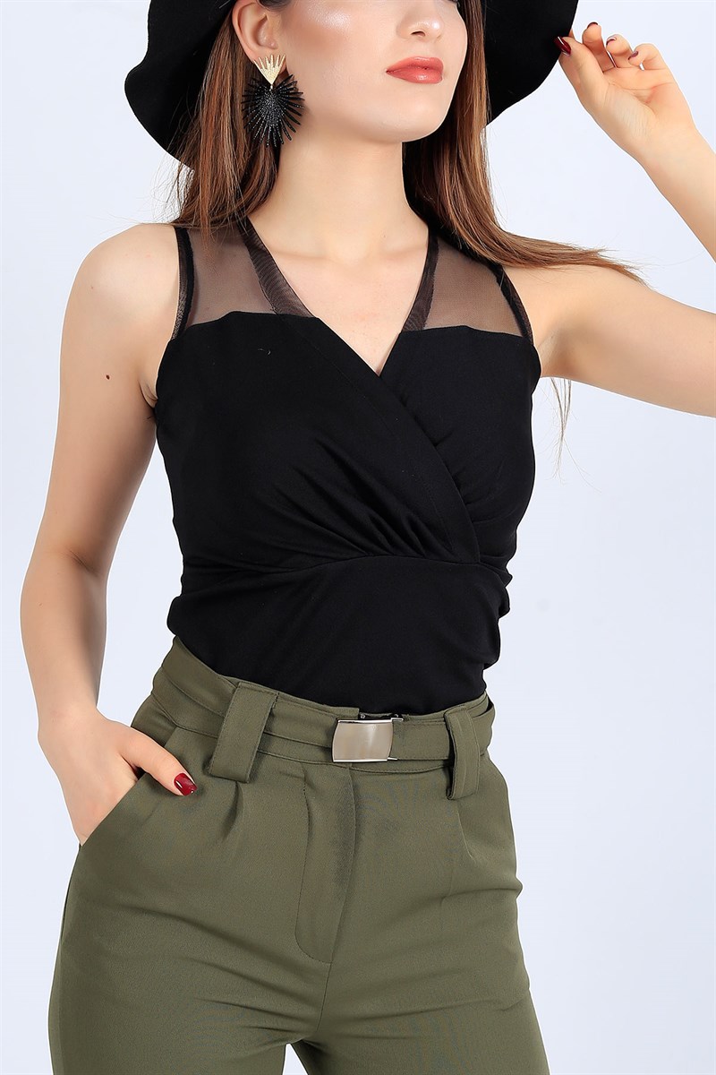 Tül Detay Likralı Siyah Bluz 26816B