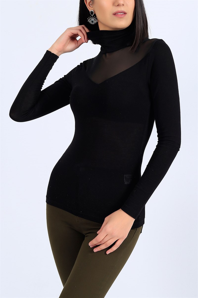 Tül Detay Siyah Bluz 26926B