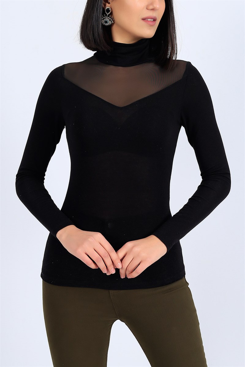 Tül Detay Siyah Bluz 26926B