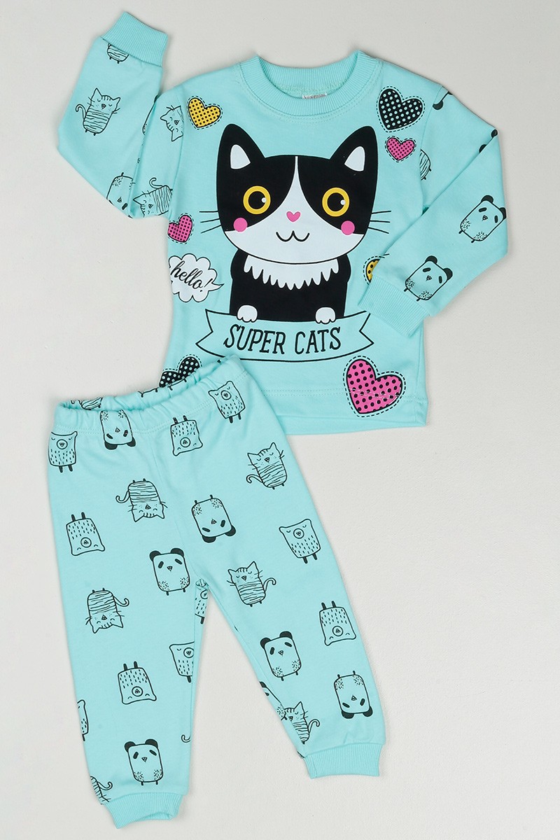 Turkuaz (1-3 Yaş) Sevimli Kedi Baskılı Kız Çocuk Pijama Takım 88624
