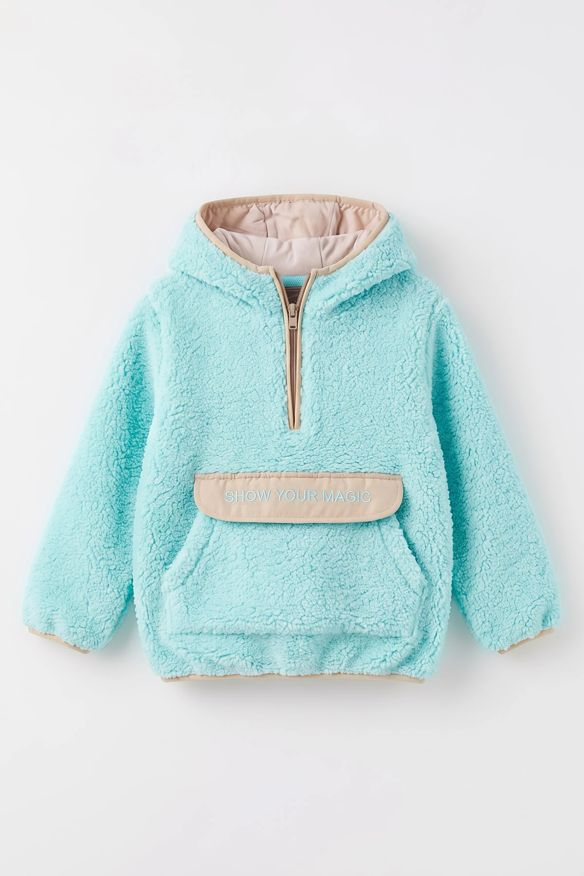 Turkuaz (1-8 Yaş)  Nakışlı Kapüşonlu Kanguru Cepli Yarım Fermuarlı Kuzu Kız &Bebek Çocuk Sweatshirt 497459