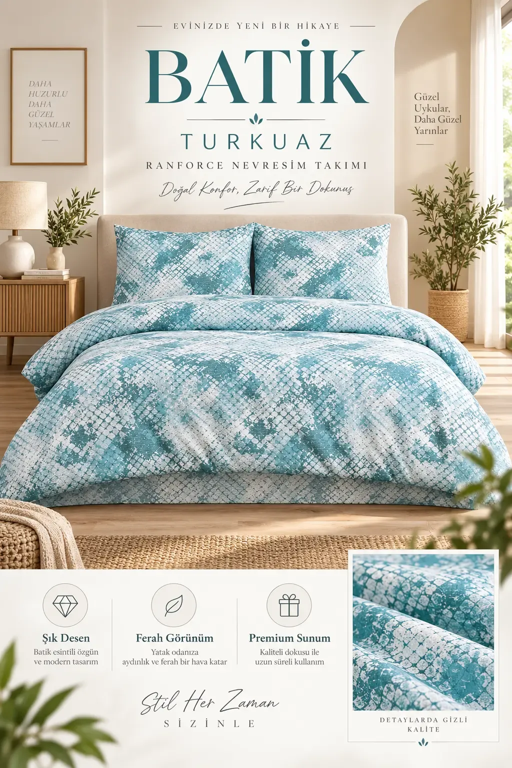 Turkuaz 200x220 Cm Bella Home Lastiksiz Battal Boy New Box Nevresim Takımı 492016