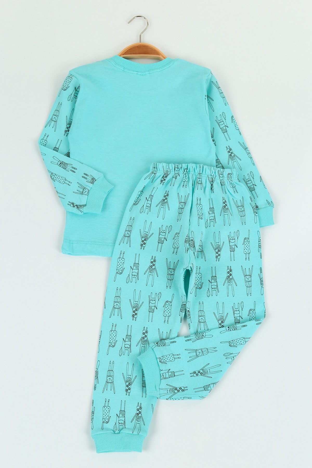 Turkuaz (4-6 yaş) Gözlüklü Tavşan Baskılı Kız Çocuk Pijama Takımı 125565