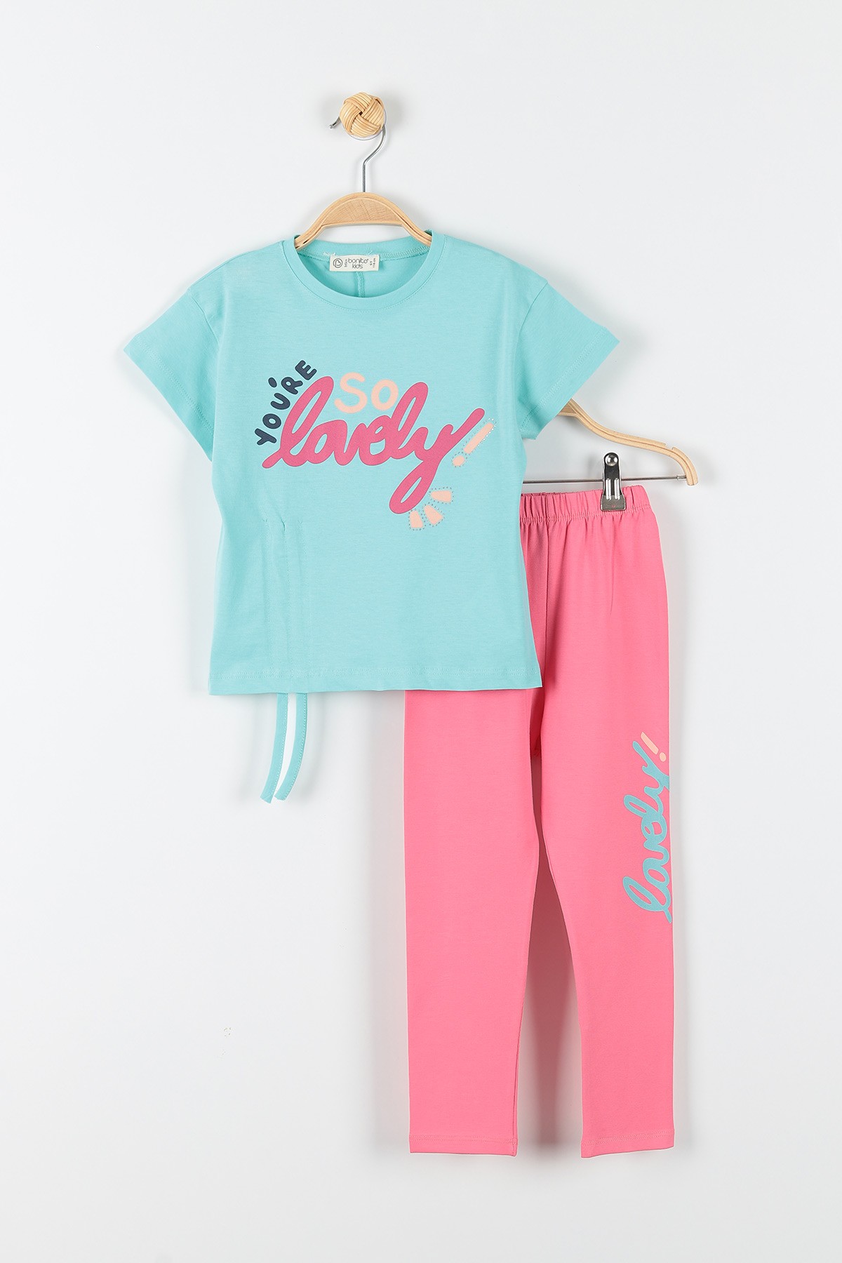 Turkuaz (6-9 Yaş) Lovely Baskılı Önden Büzgülü Kız Çocuk Takım 174610