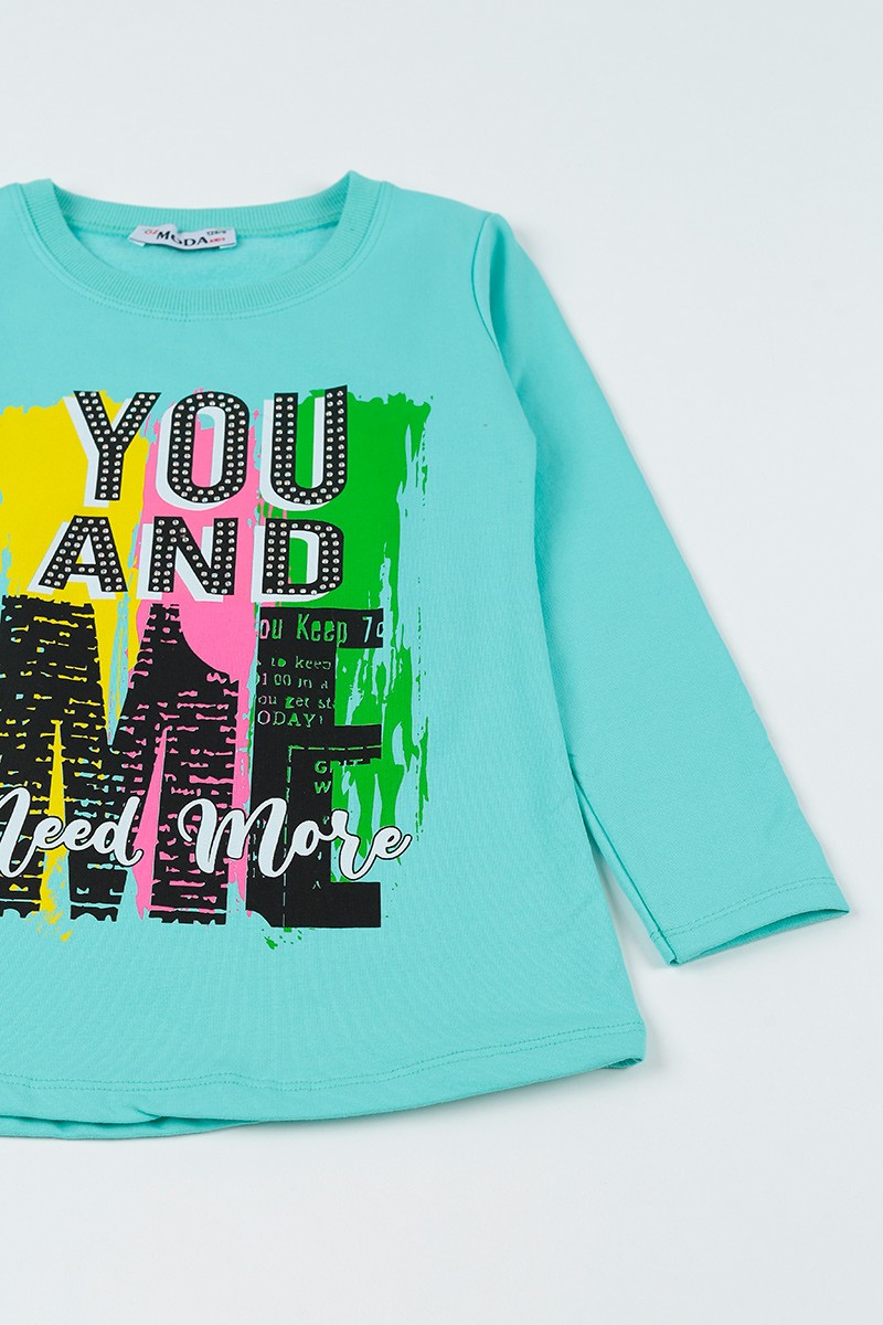 Turkuaz (8-14 Yaş)Taşlı İçi Şardonlu Kız Çocuk Sweatshirt 92794