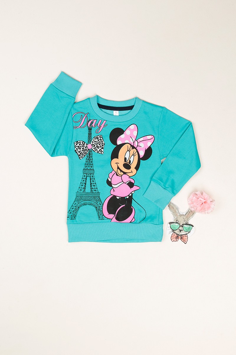 Turkuaz Minnie Baskılı İçi Şardonlu Kız Çocuk Sweat 80945