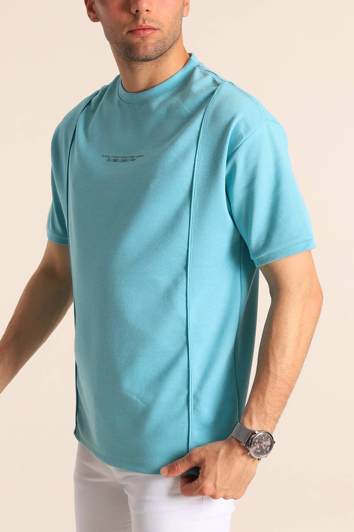 Turkuaz Oversize Kabartma Yazılı Dikişli Erkek Tişört 181824
