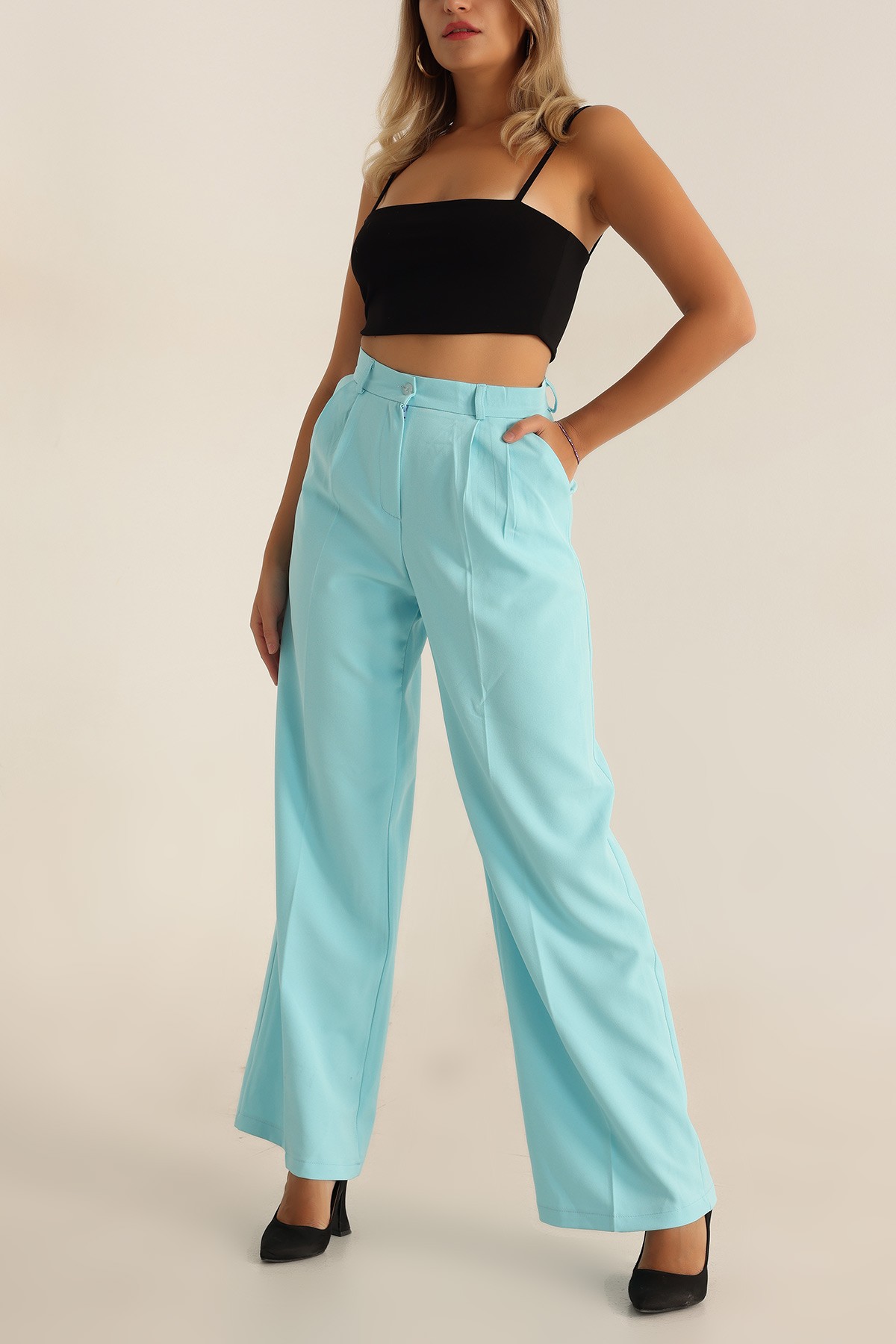 Turkuaz Pileli Palazzo Bayan Pantalon 196249