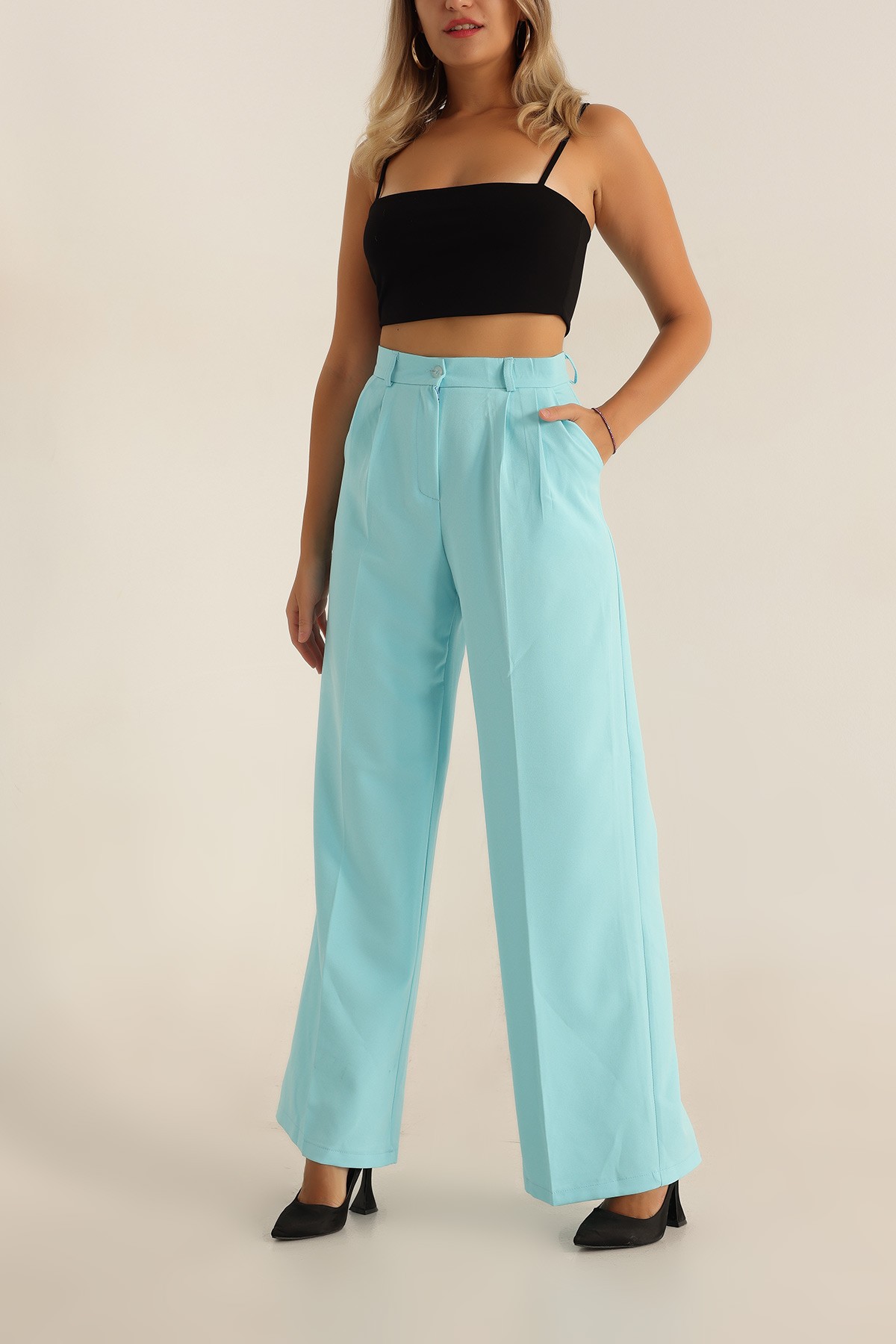 Turkuaz Pileli Palazzo Bayan Pantalon 196249