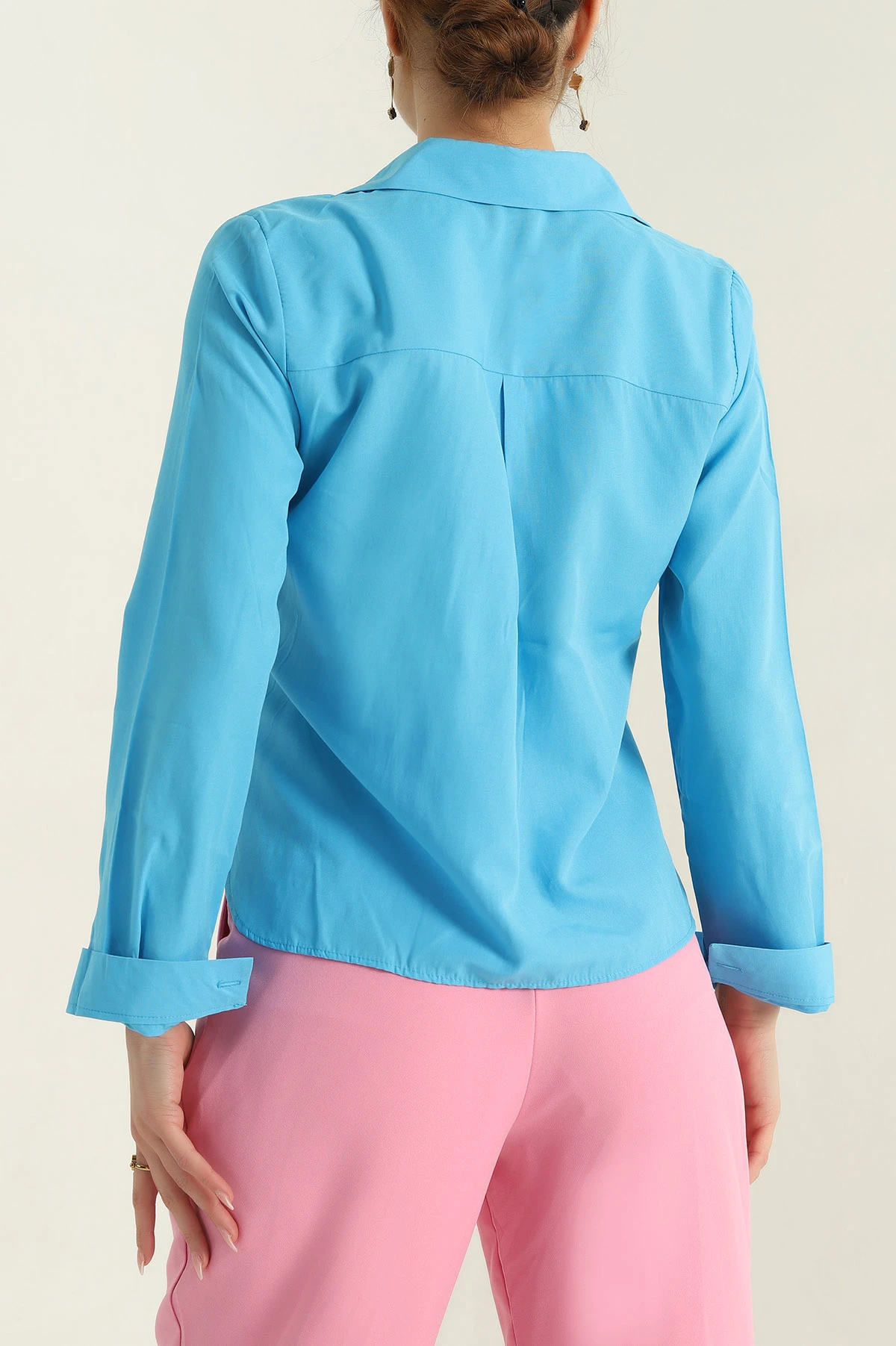 Turkuaz Poplin Kumaş Kadın Crop Gömlek 355802