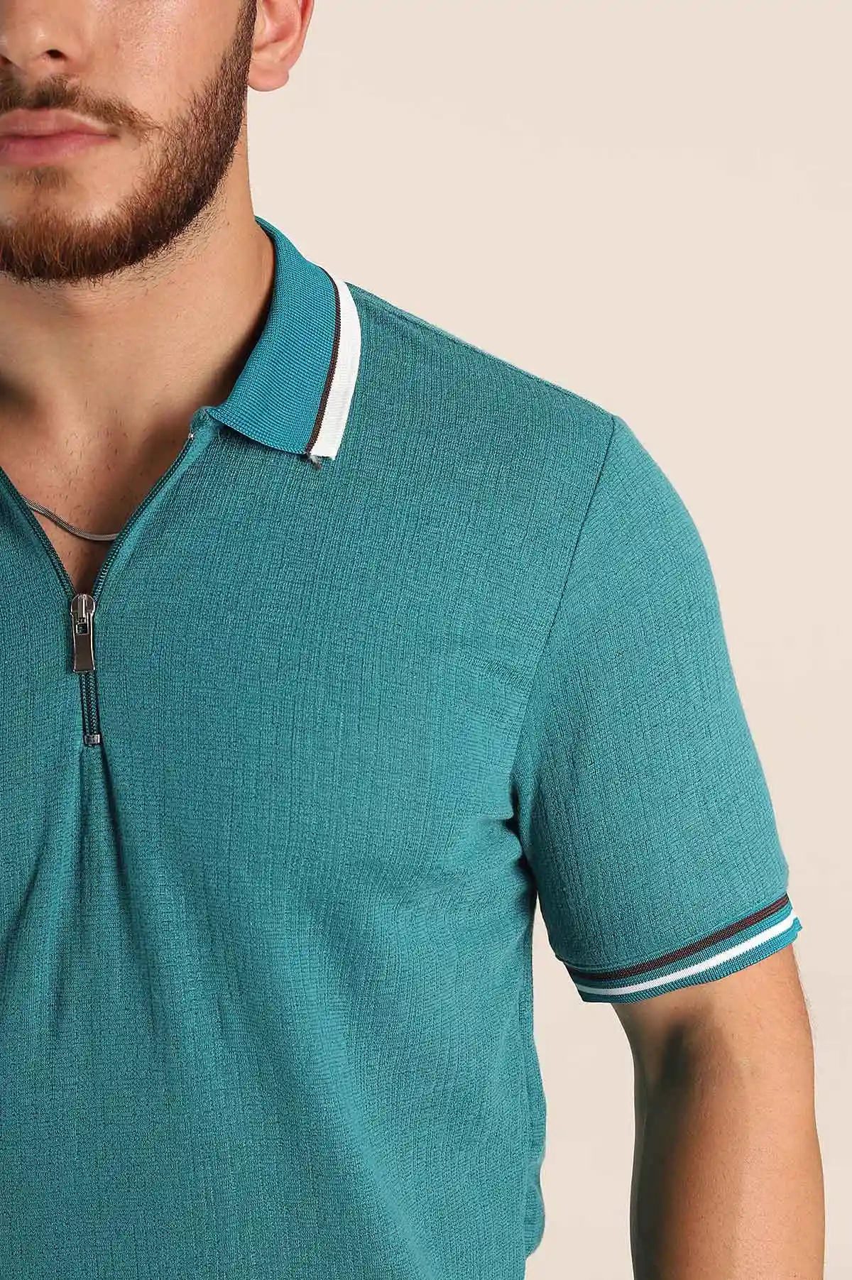 Turkuaz Regular Fit Dokulu Fermuarlı Polo Yaka Erkek Triko Tişört 370061