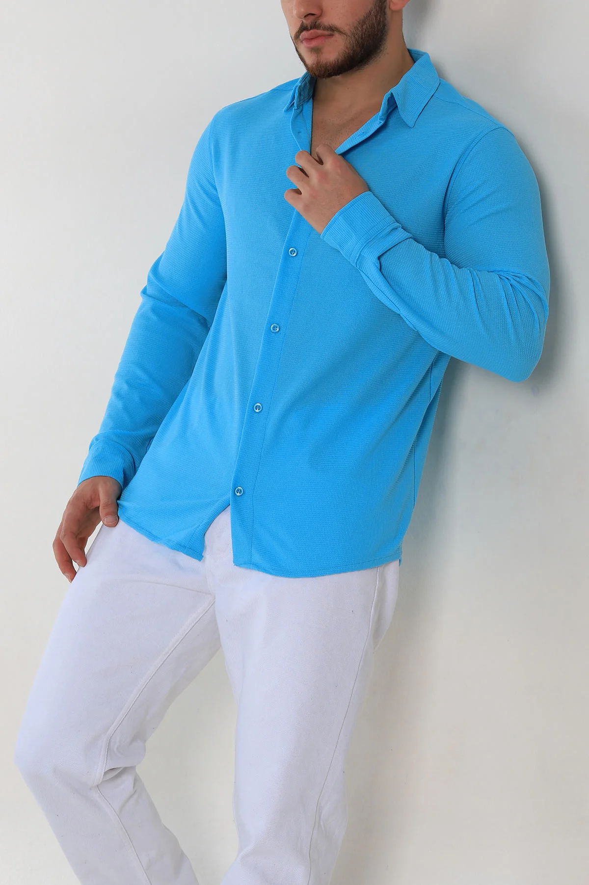 Turkuaz Slim Fit Petek Dokulu Uzun Kollu Erkek Gömlek 325218