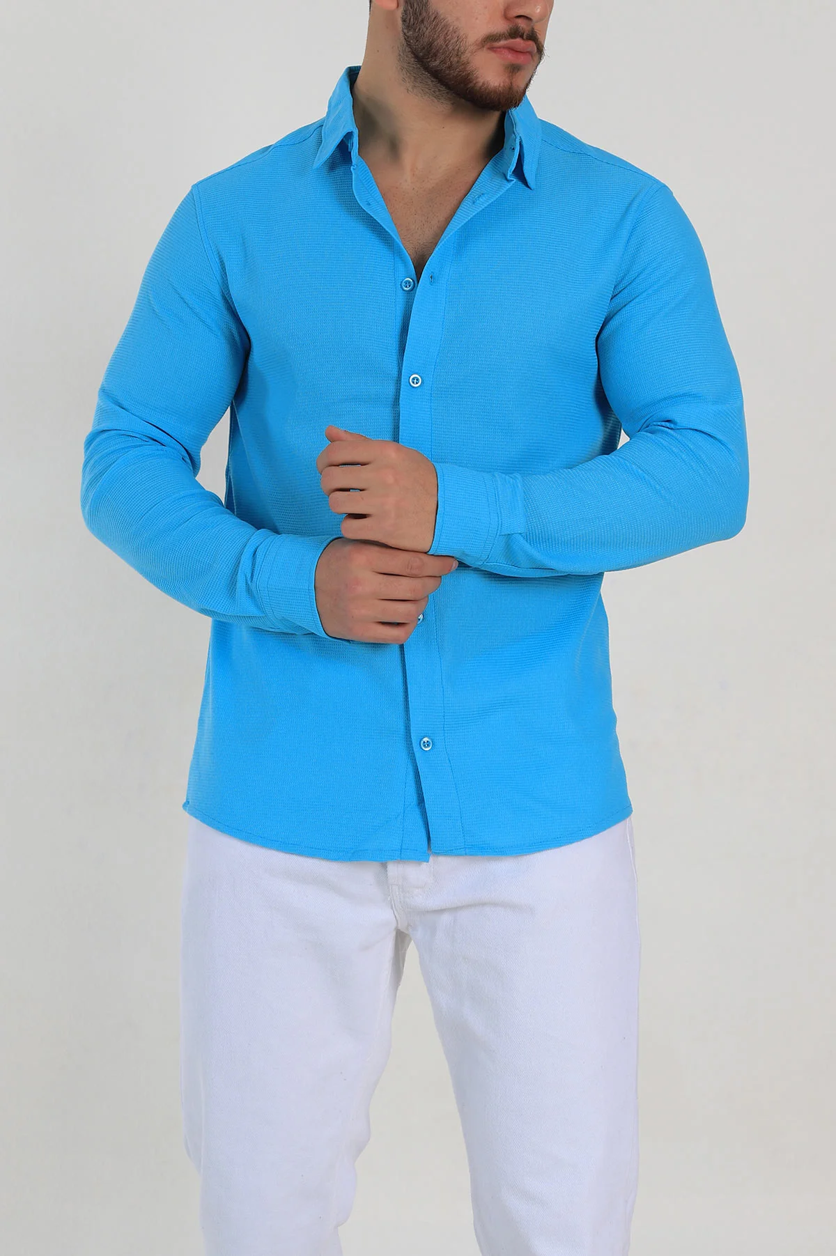 Turkuaz Slim Fit Petek Dokulu Uzun Kollu Erkek Gömlek 325218