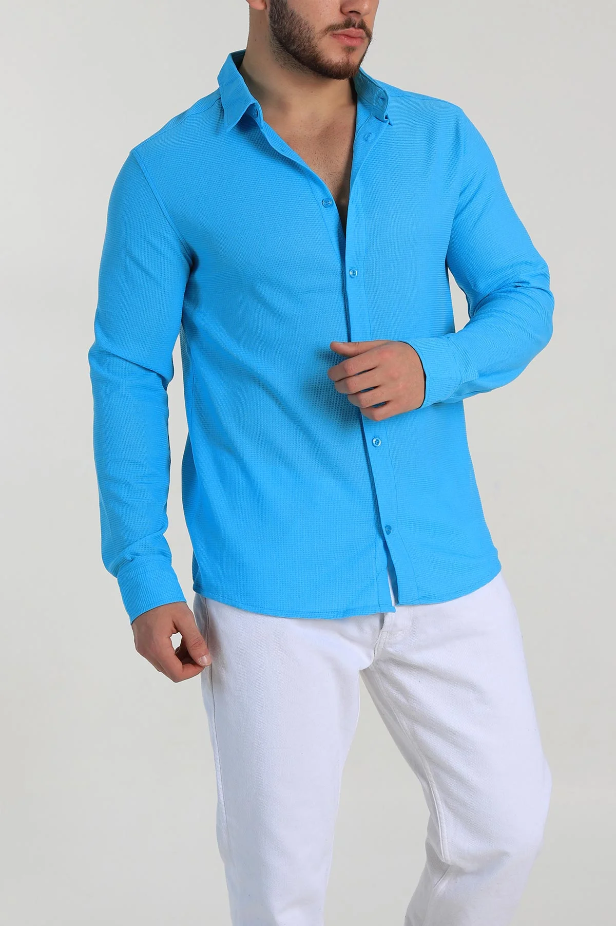 Turkuaz Slim Fit Petek Dokulu Uzun Kollu Erkek Gömlek 325218