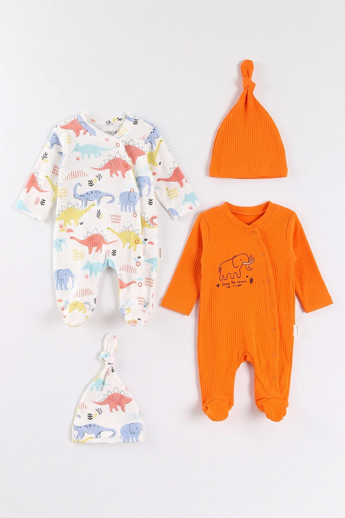Turuncu (0-3 Ay) Dinozor Baskılı   Raporlu ve Şapkalı 2'li Erkek Bebek Tulum 497966