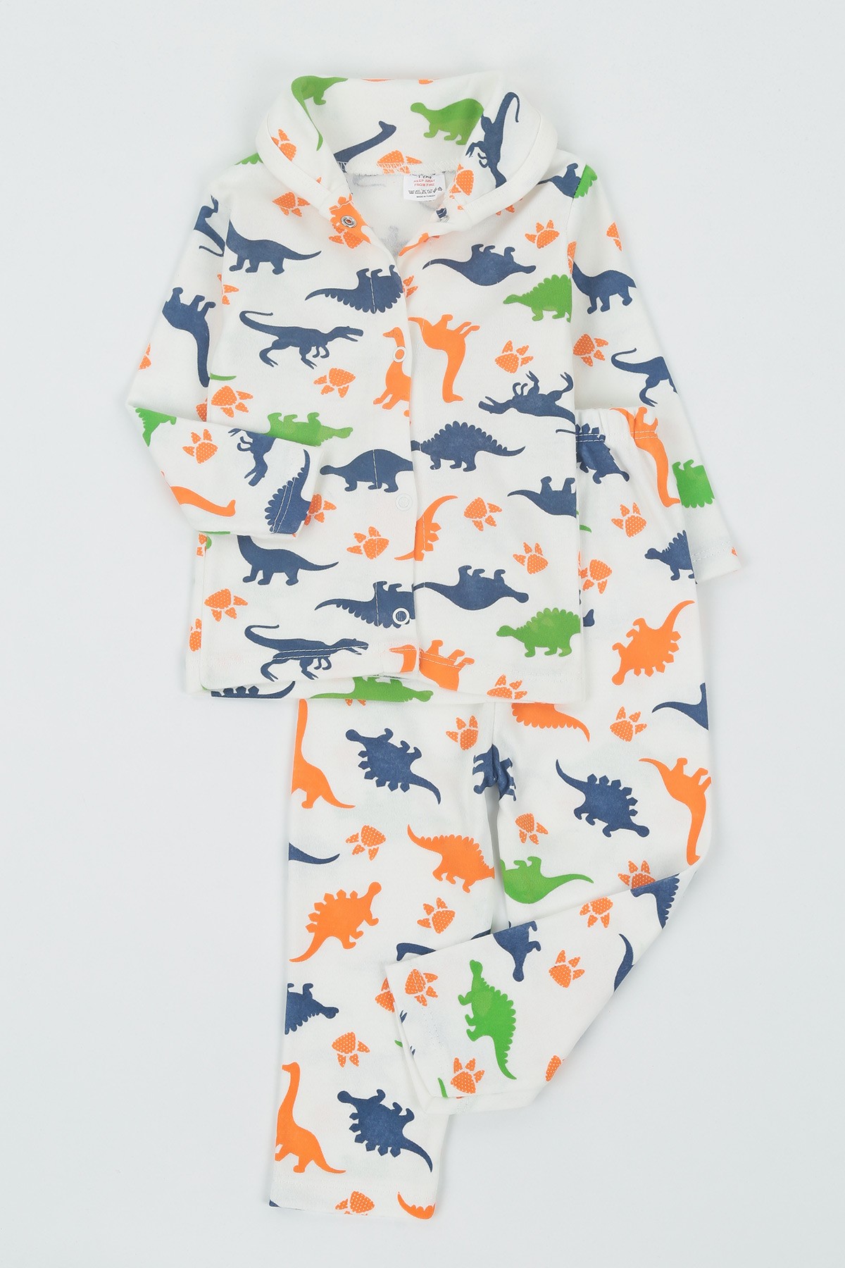 Turuncu (1-3 Yaş) Bebe Yaka Dinazor Baskılı Erkek Çocuk Pijama Takım 136749