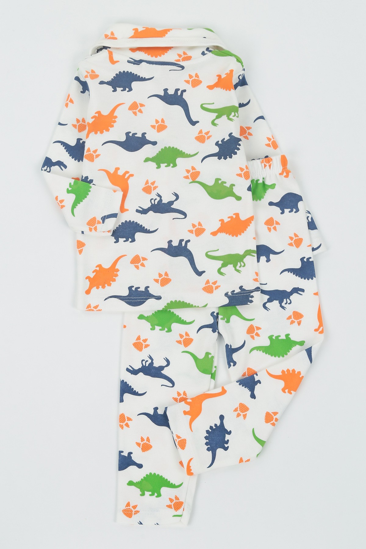 Turuncu (1-3 Yaş) Bebe Yaka Dinazor Baskılı Erkek Çocuk Pijama Takım 136749