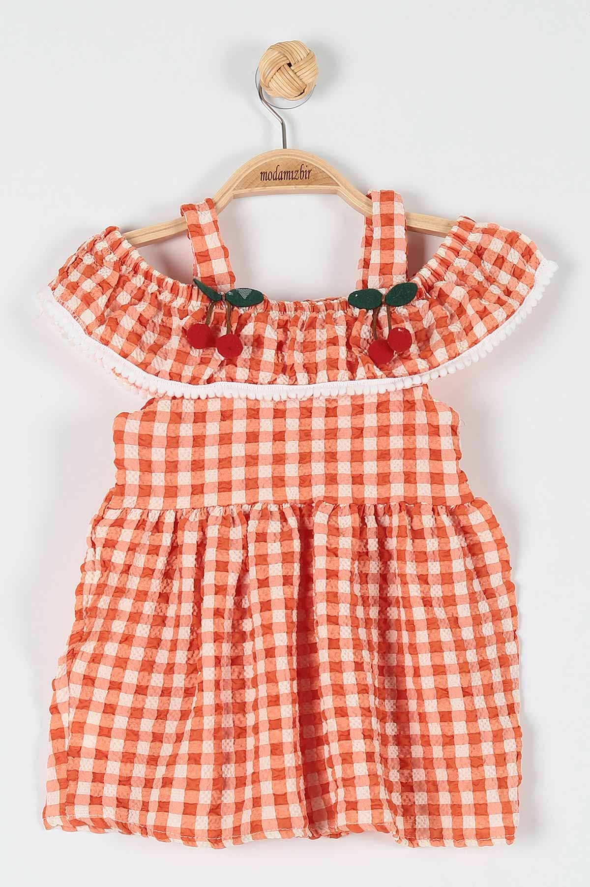 Turuncu (1-3 Yaş) Kiraz Motifli Kareli Askılı Kız Çocuk Elbise 181124