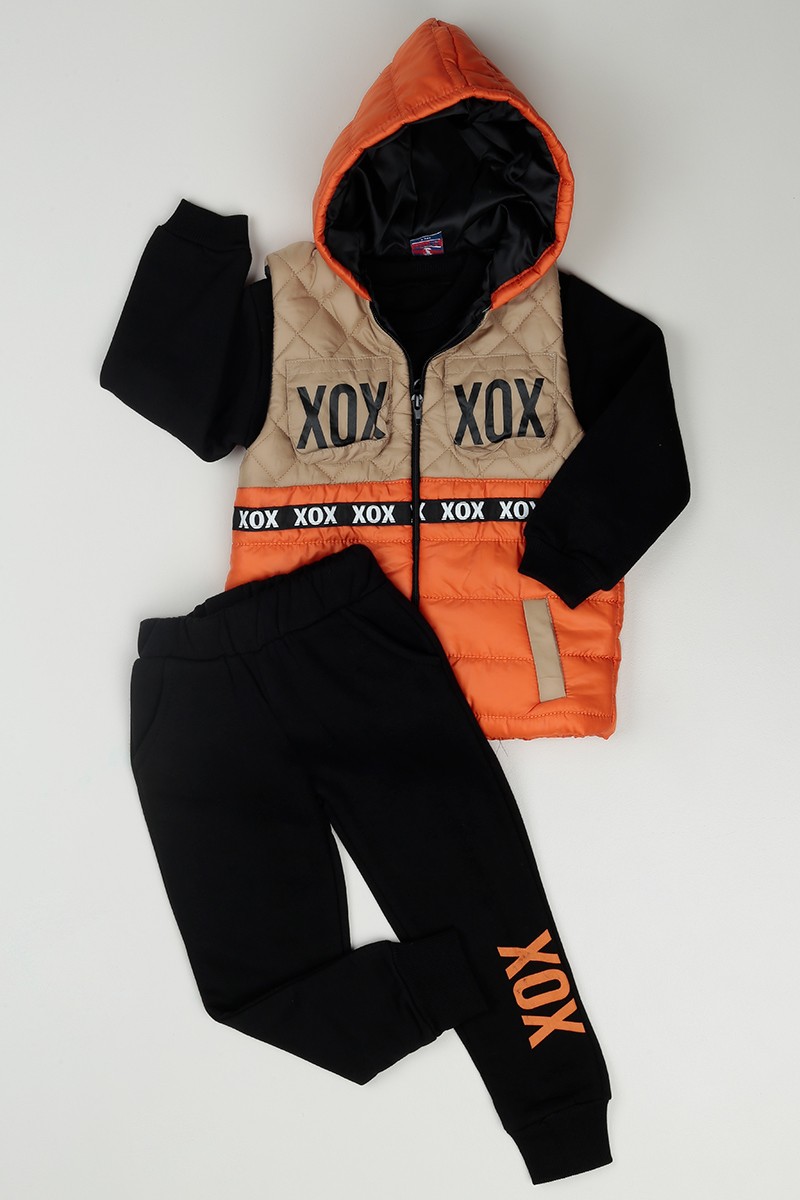 Turuncu (1-8 Yaş) XOX Baskılı Yelekli Erkek Çocuk Üçlü Takım 85191