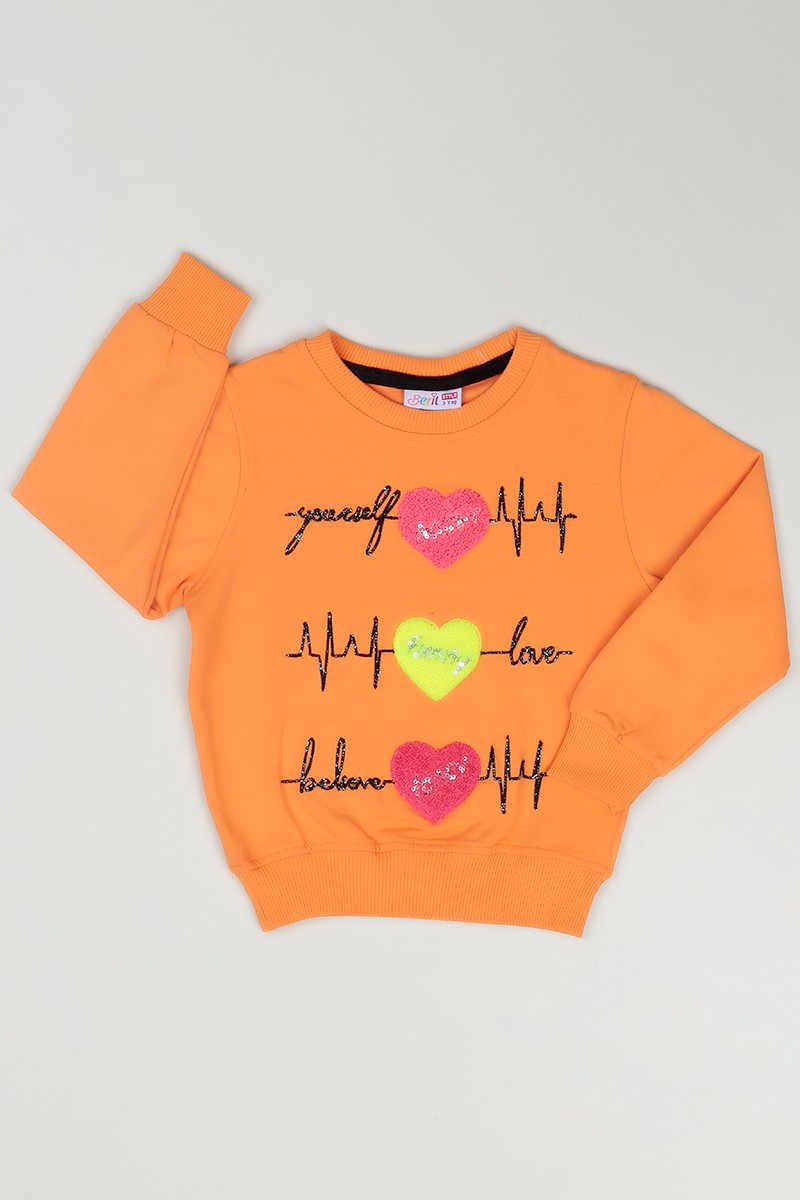 Turuncu (3-6 Yaş) Kalp Nakışlı Kız Çocuk Sweatshirt 86054