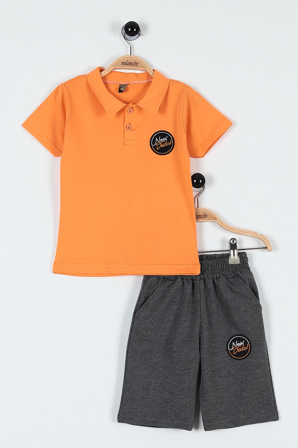 Turuncu (3-6 Yaş) New Duds Nakışlı Yakalı Düğme Detaylı Erkek Bebe Takım 183594