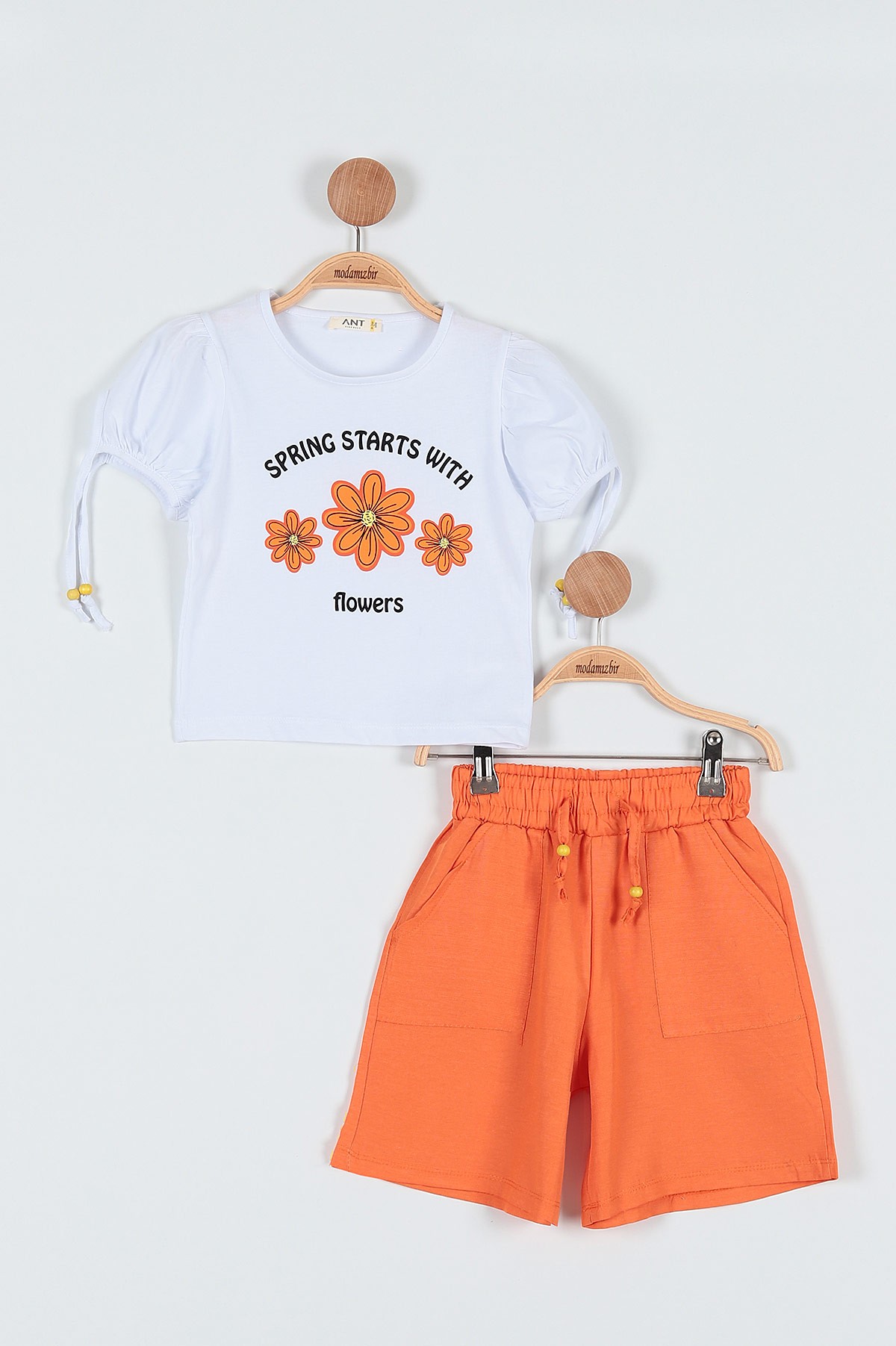 Turuncu (3-7 Yaş) Çiçek Flowers Baskılı Boncuklu Şortlu Kız Çocuk Takım 186316