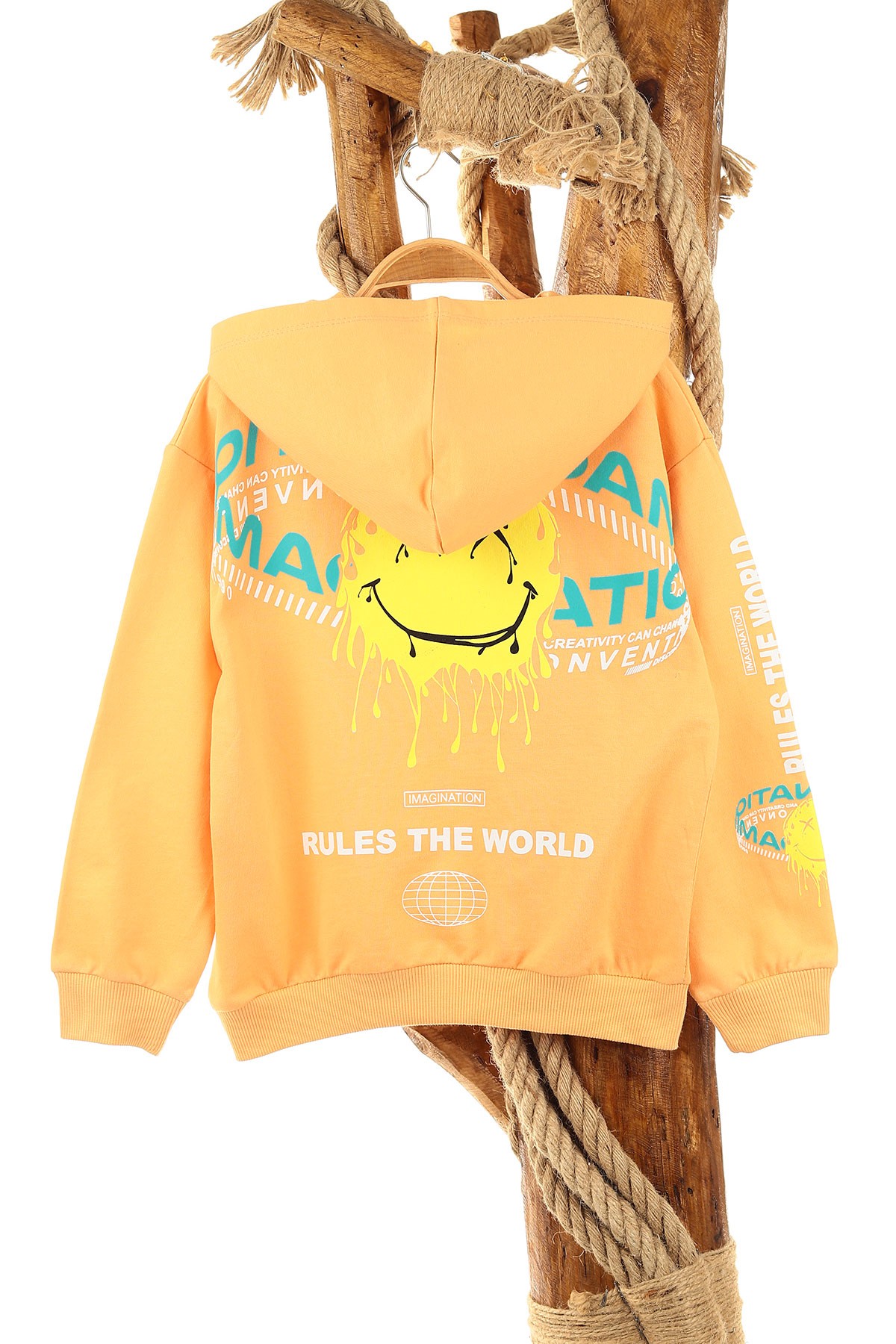 Turuncu (5-8 Yaş) Feel Happy Baskılı Kapüşonlu  Mevsimlik Erkek Çocuk Sweat 157157