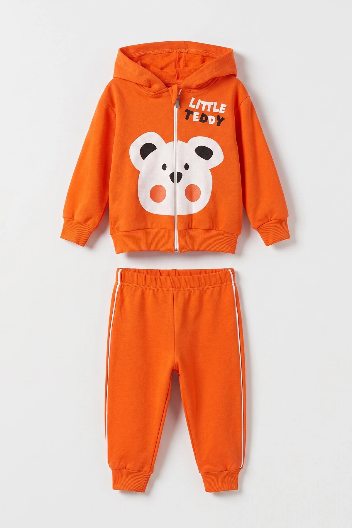 Turuncu (6-24 Ay) Little Teddy Baskılı Kapüşonlu Fermuarlı Erkek Bebek Takım 473149