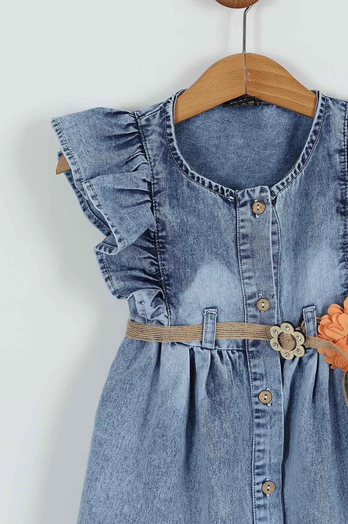 Turuncu (6-9 Yaş) Fırfırlı Çantalı Kız Çocuk Kot Elbise 258657