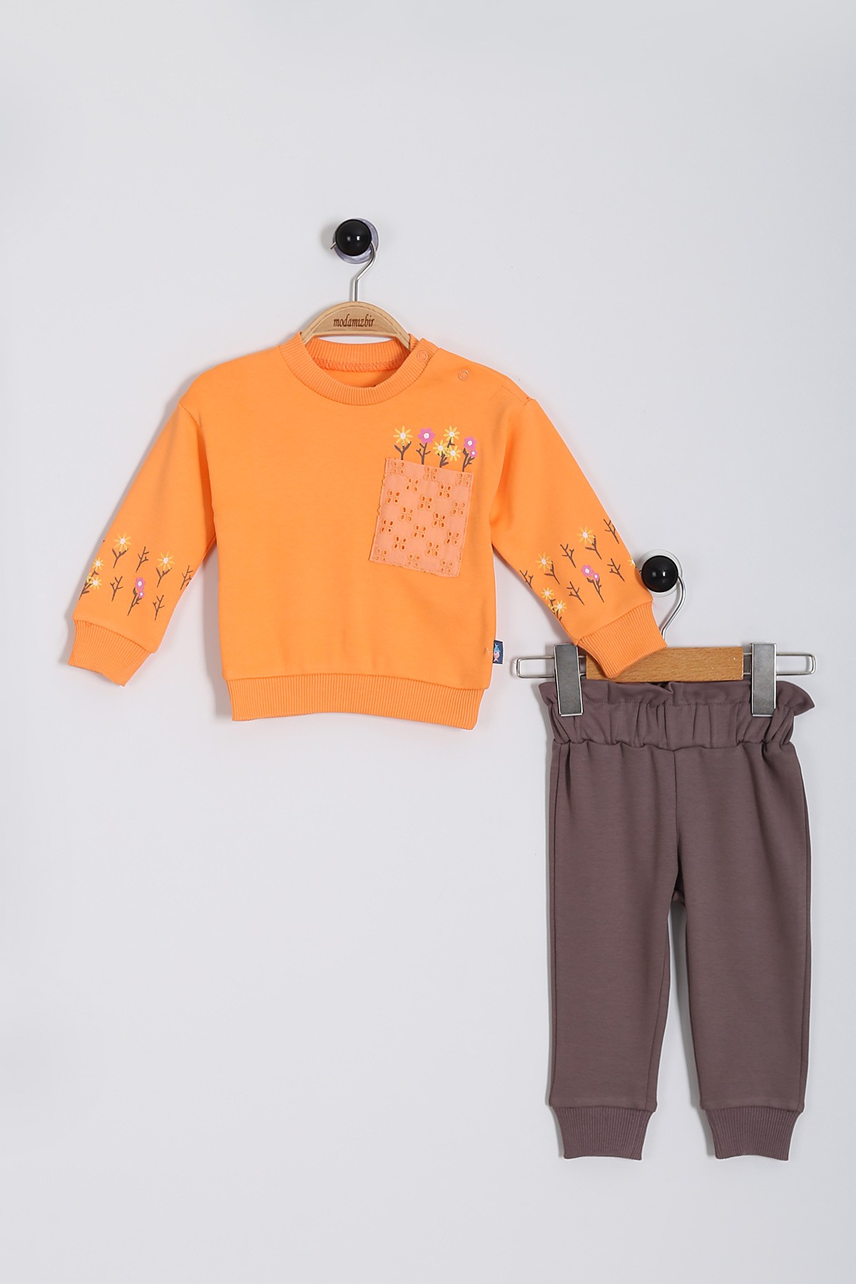 Turuncu (9-24 Ay) Çiçek Baskılı Cep Jakarlı Kız Bebe Takım 199191