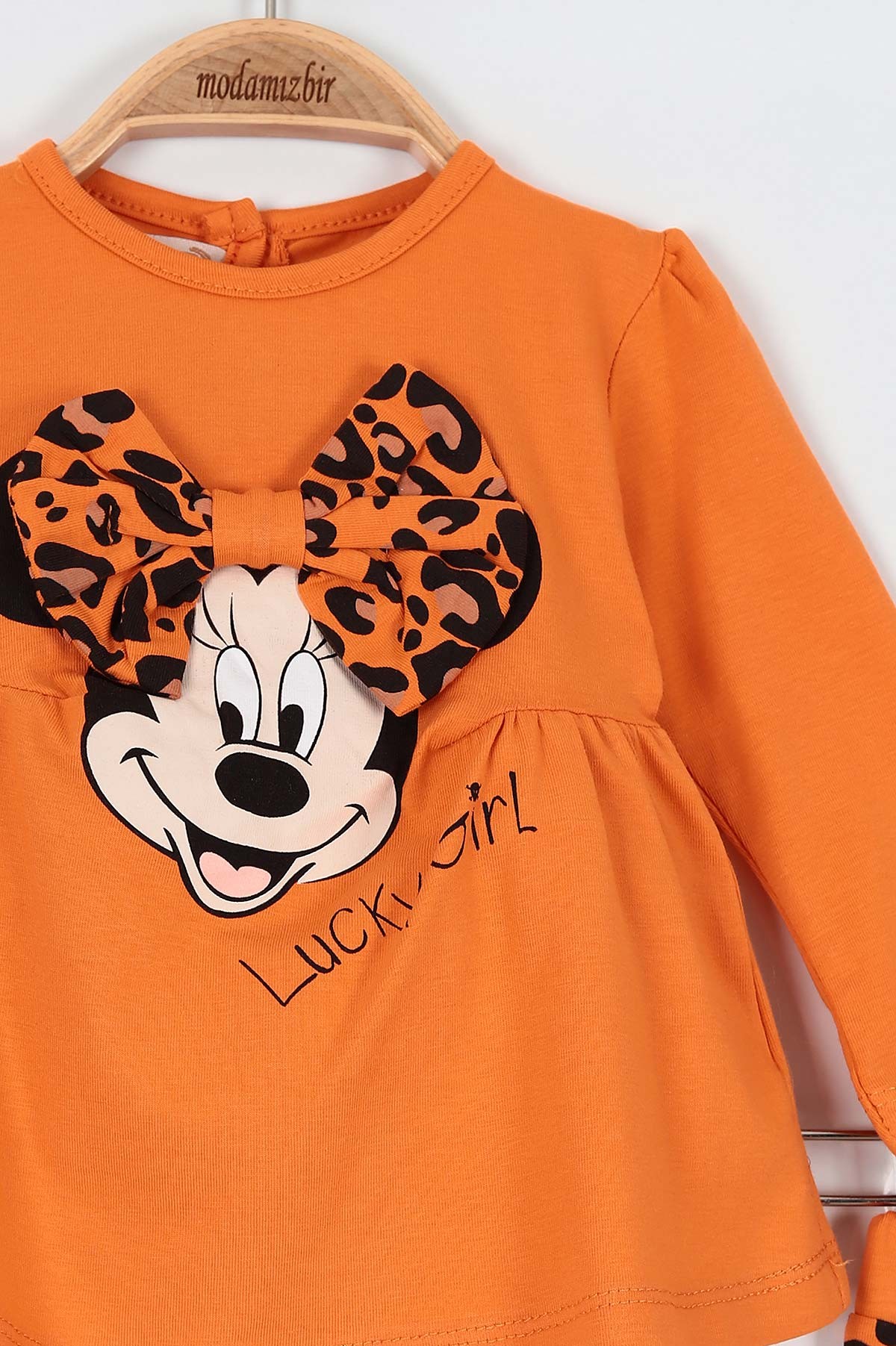 Turuncu (9-36 Ay) Fiyonk Motifli Fare Baskılı Leoparlı Kız Bebe Takım 198436