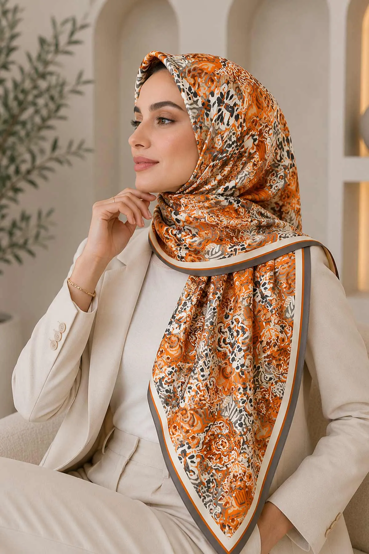 Turuncu 95x95 Cm Dijital Baskılı Valencia Desen Soft Eşarp 473345
