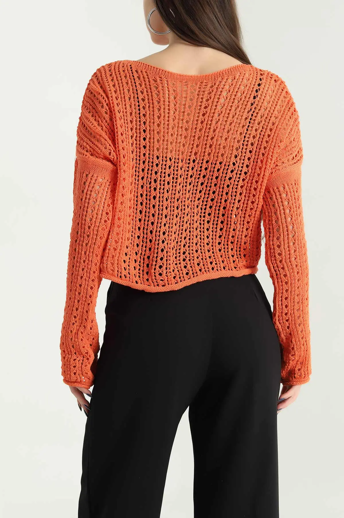 Turuncu Ajurlu Bayan Triko Bluz 338187