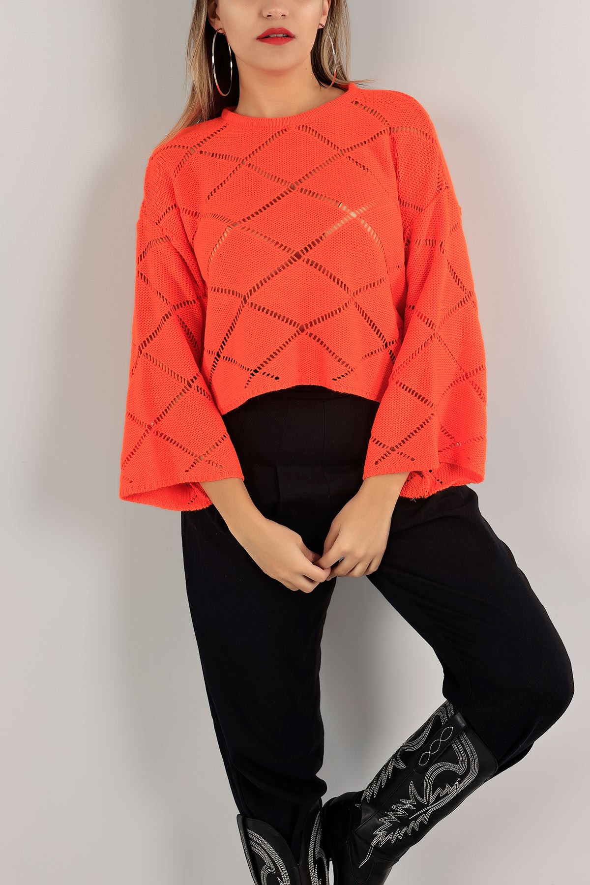 Turuncu Ajurlu Crop Triko Kazak 137481