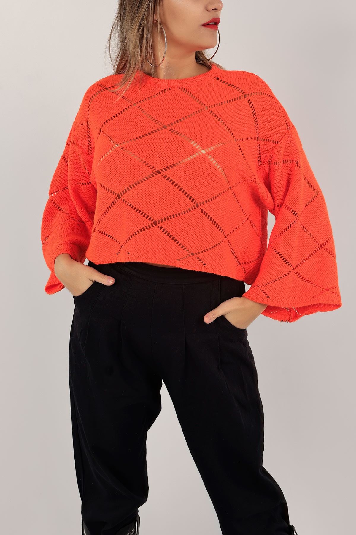 Turuncu Ajurlu Crop Triko Kazak 137481