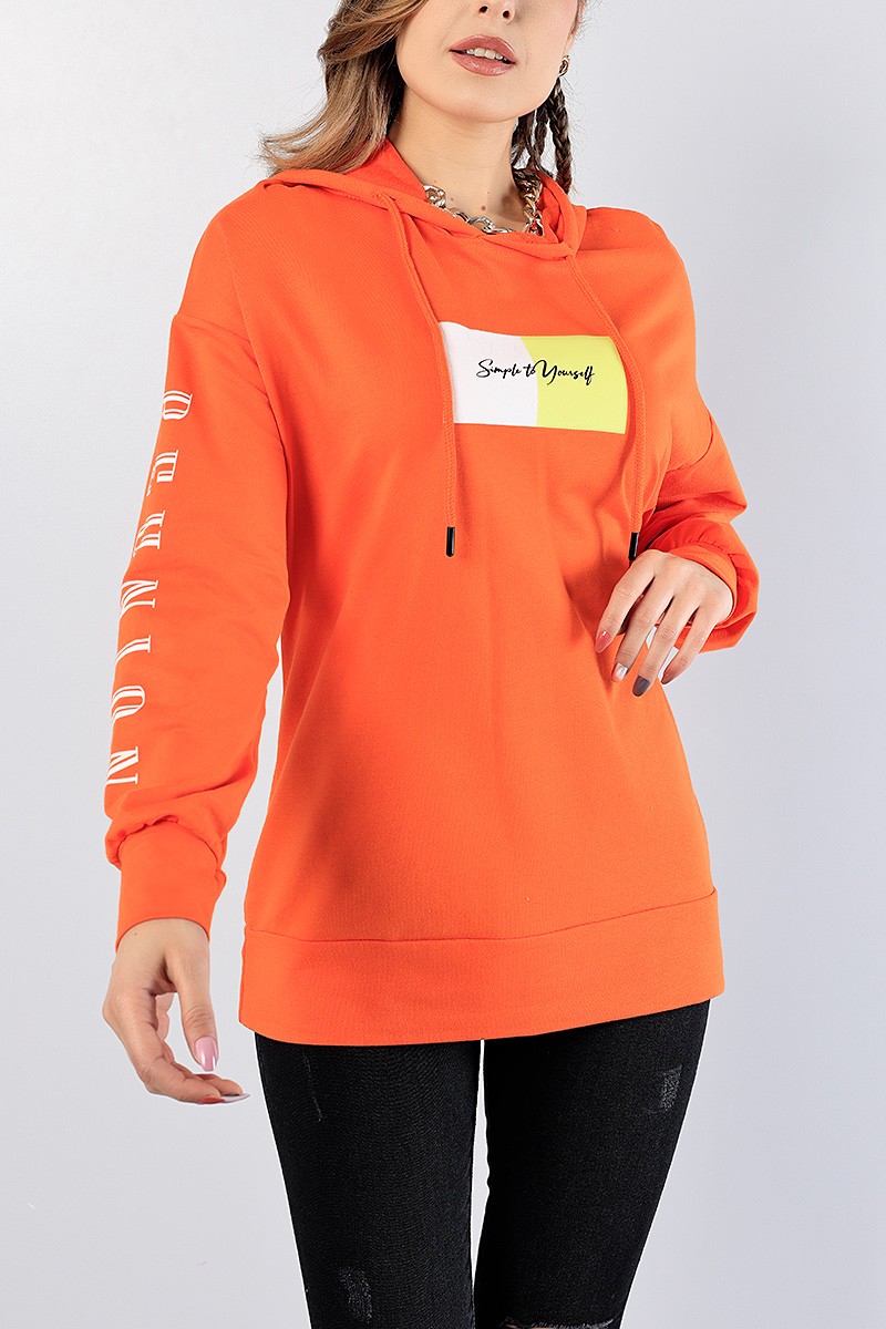 Turuncu Baskılı Bayan Kapüşonlu Sweat 81212