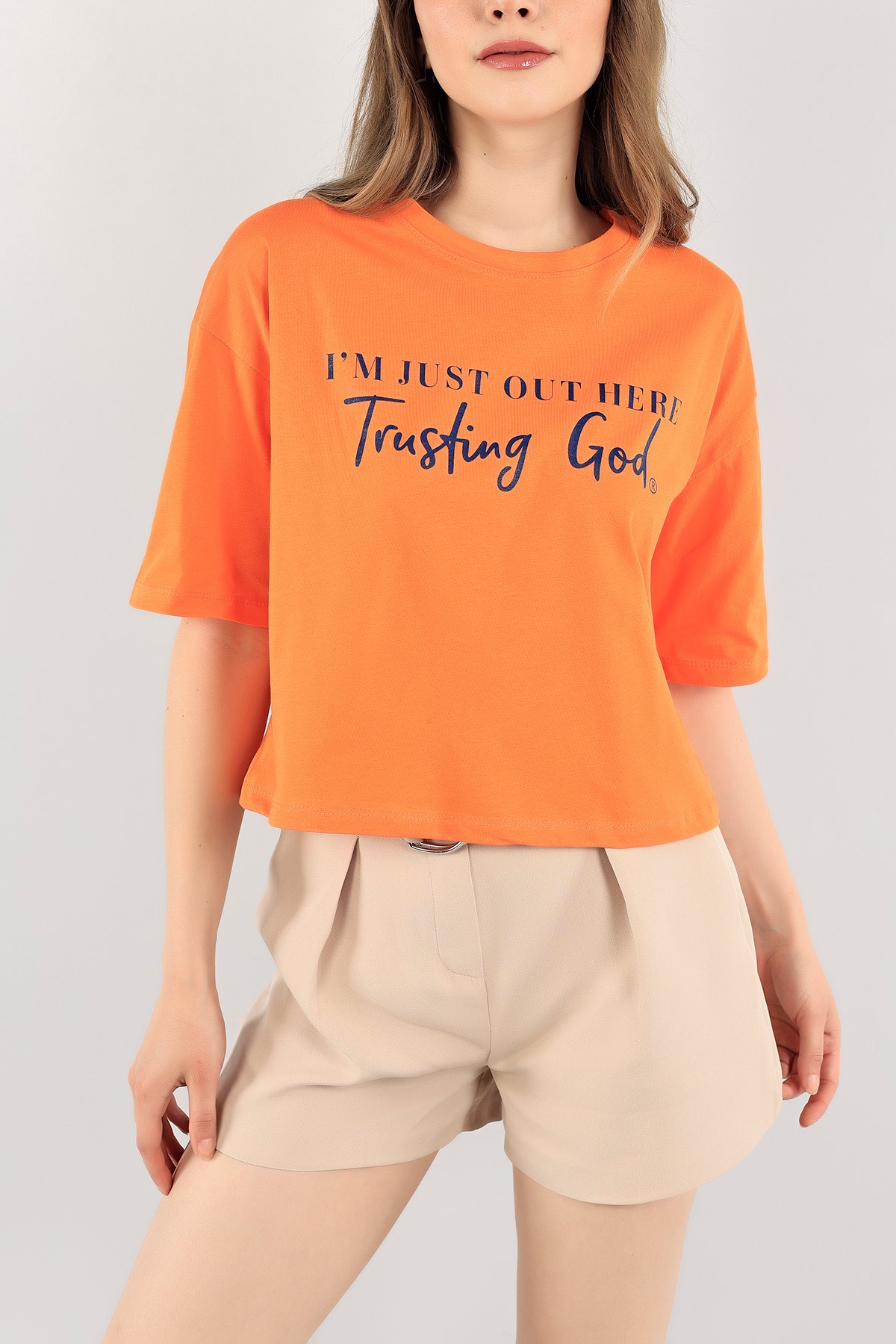 Turuncu Baskılı Crop Tişört 115293