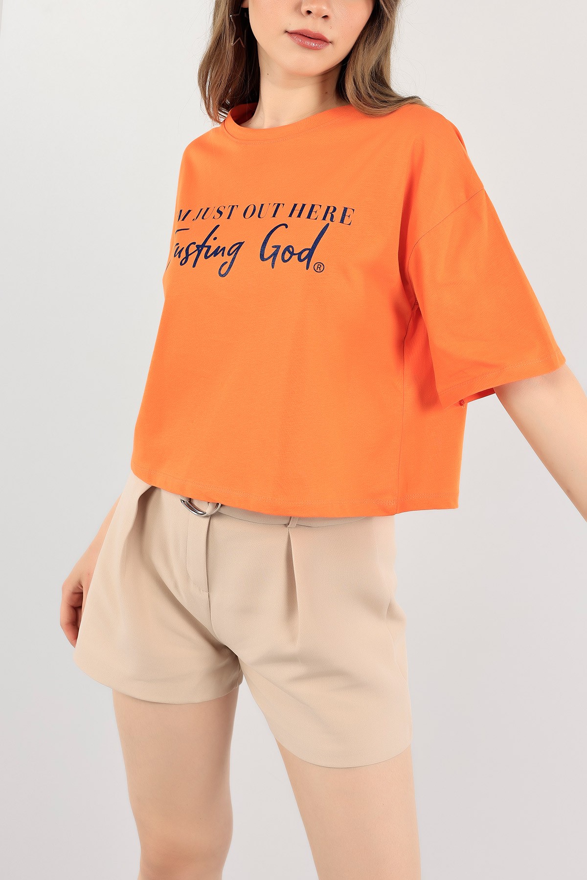 Turuncu Baskılı Crop Tişört 115293