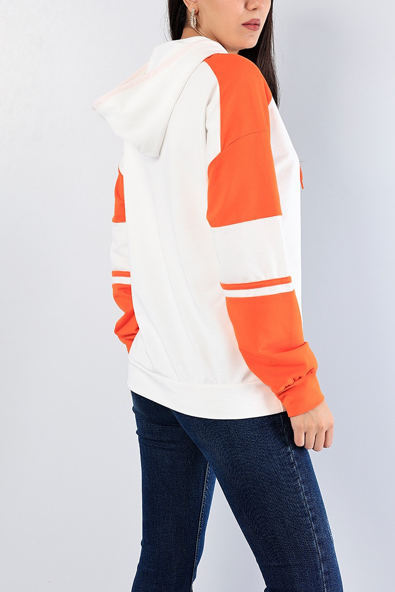 Turuncu Baskılı Kapüşonlu Sweat Tunik 81219