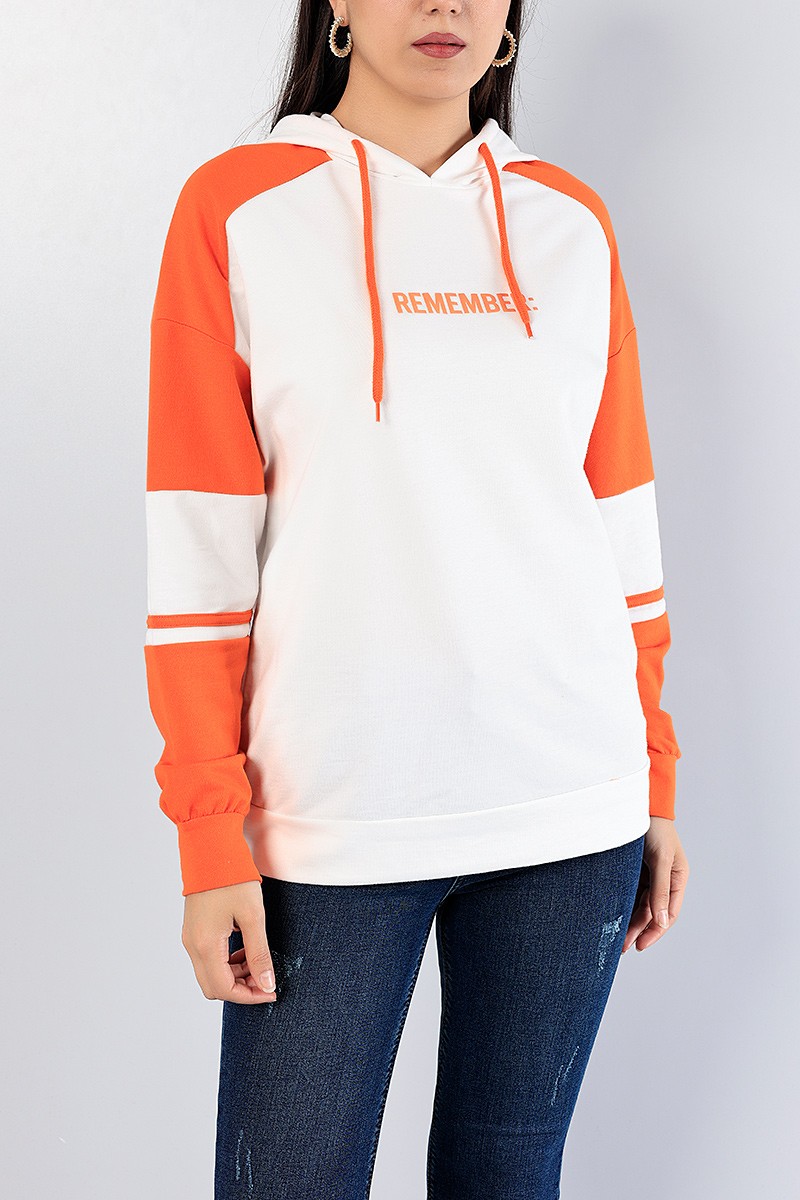 Turuncu Baskılı Kapüşonlu Sweat Tunik 81219