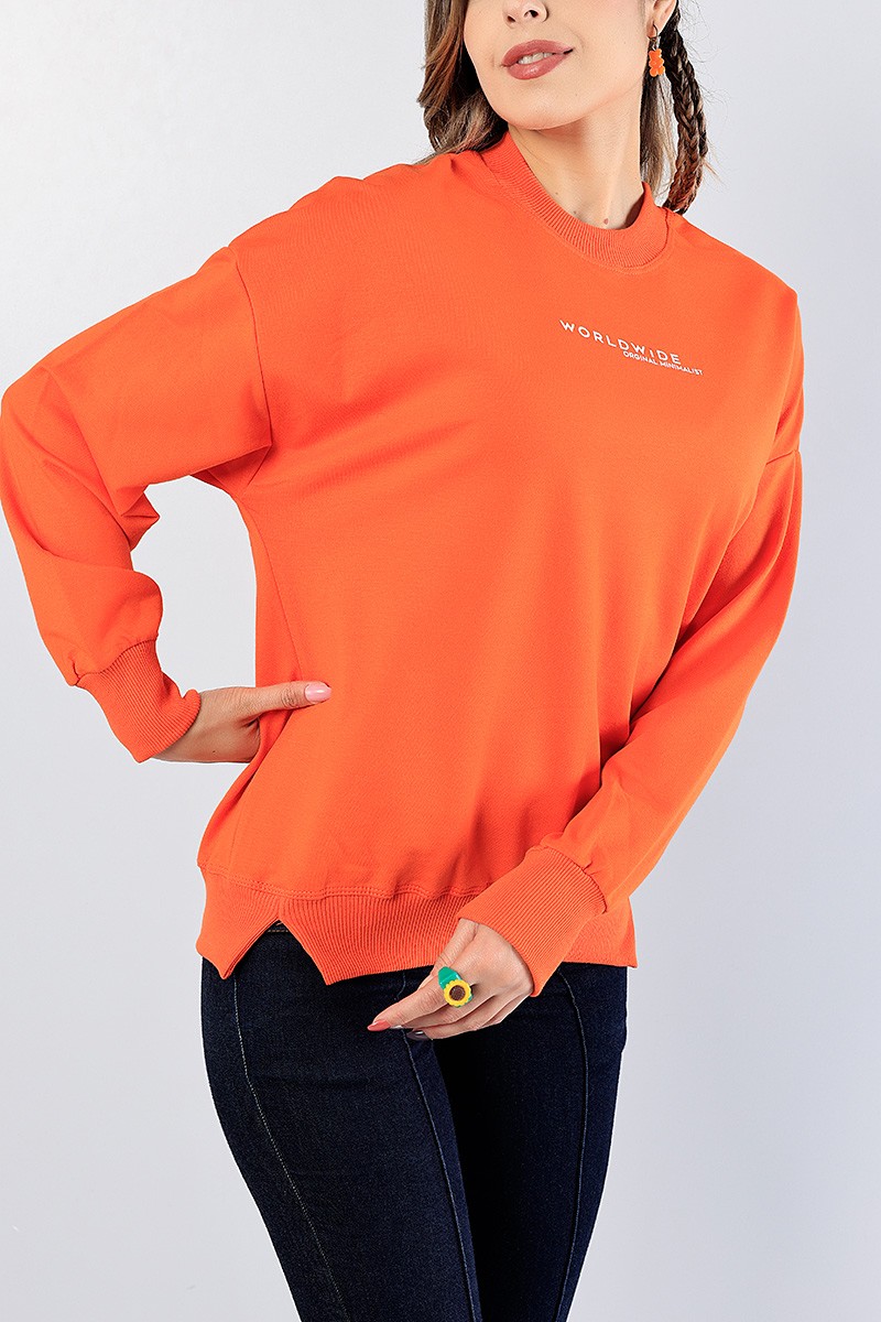 Turuncu Baskılı Ribana Yaka Bayan Sweat 81201