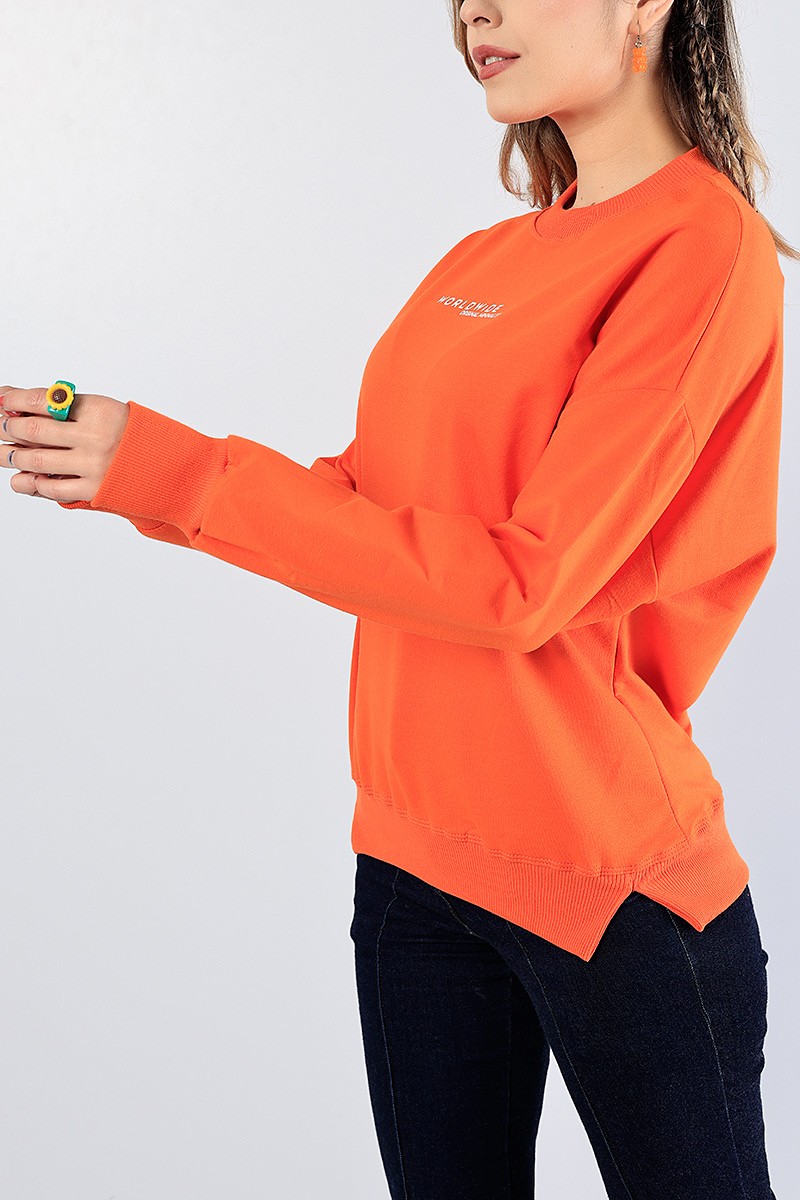 Turuncu Baskılı Ribana Yaka Bayan Sweat 81201