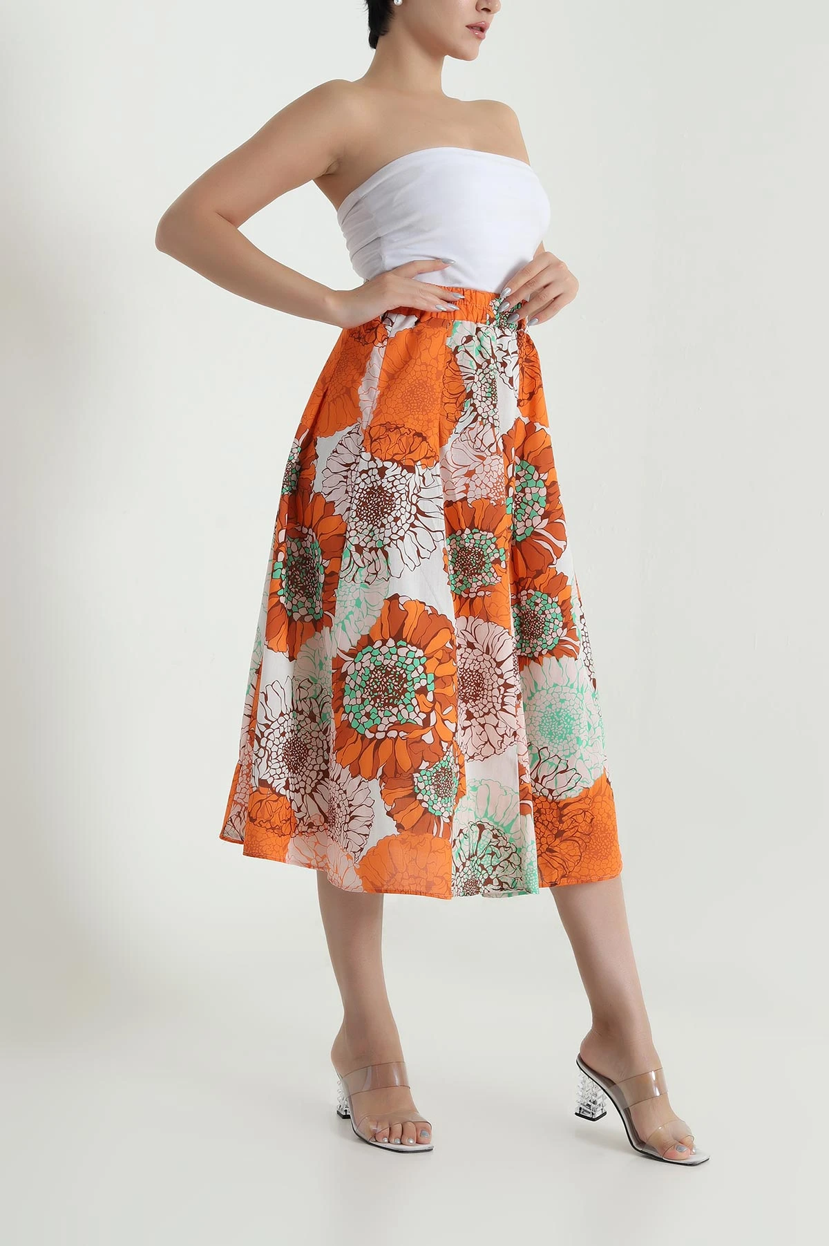 Turuncu Beli Lastikli Poplin Dokuma Kadın Etek 479859