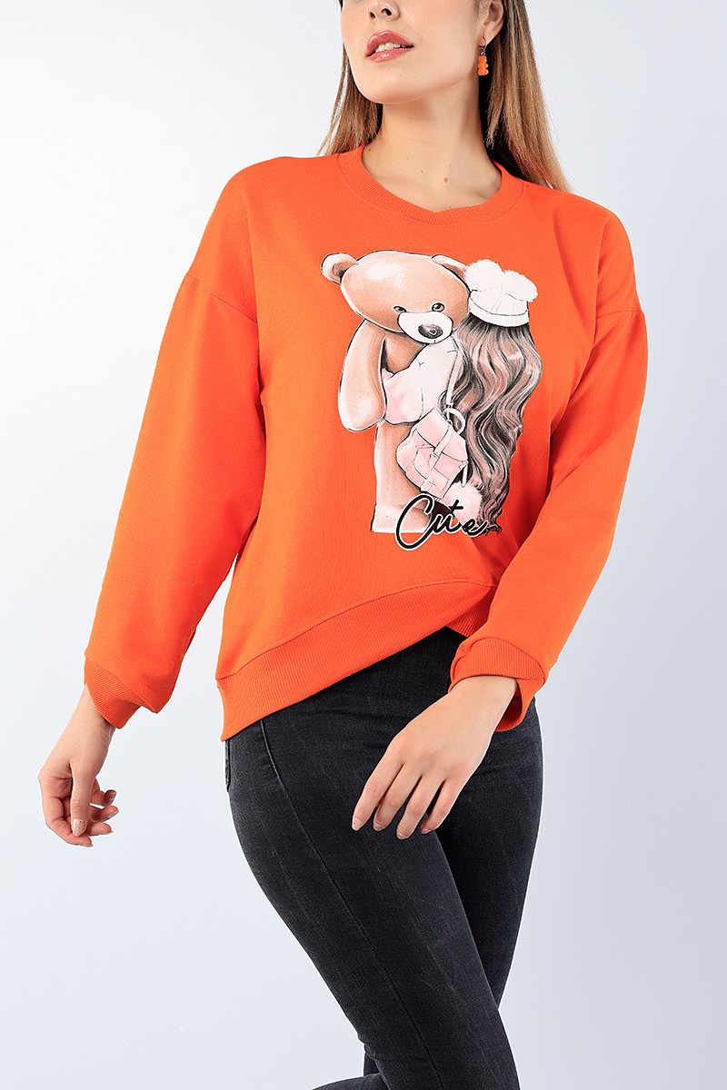Turuncu Bisiklet Yaka Baskılı Bayan Sweat 75208