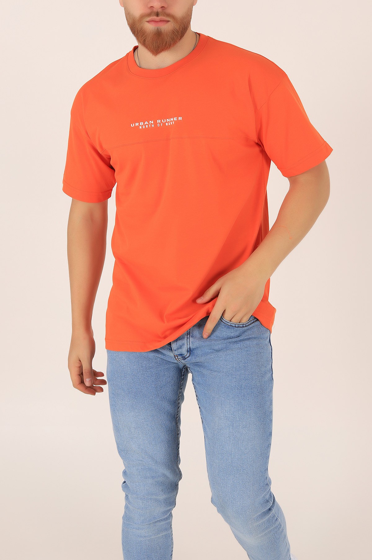 Turuncu Bisiklet Yaka Oversize Erkek Tişört 163272