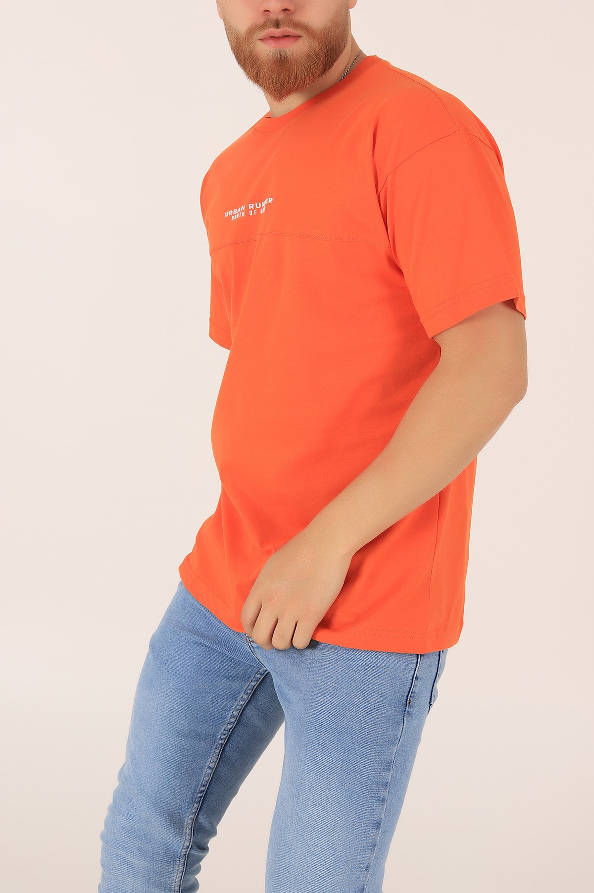 Turuncu Bisiklet Yaka Oversize Erkek Tişört 163272