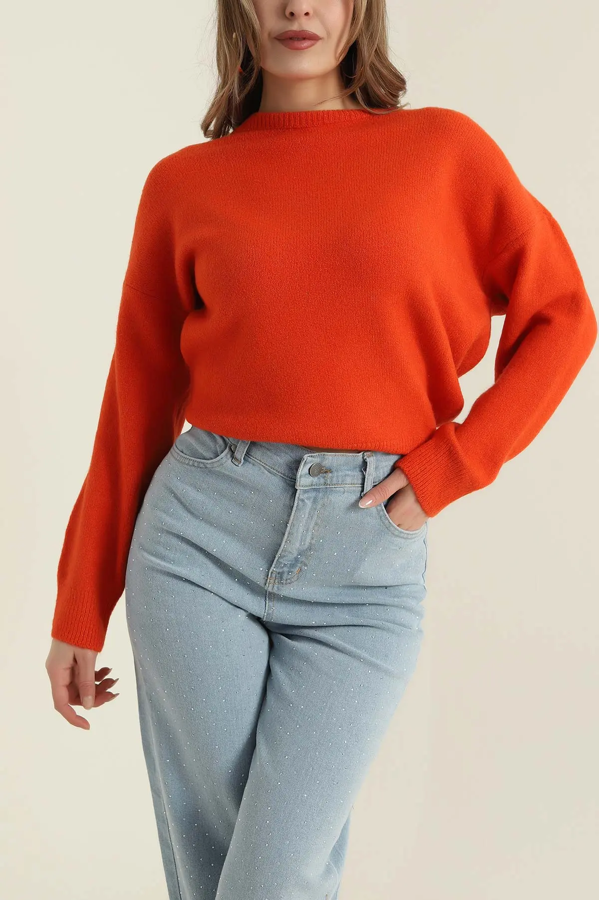 Turuncu Bisiklet Yaka Oversize Kadın Triko Kazak 421241