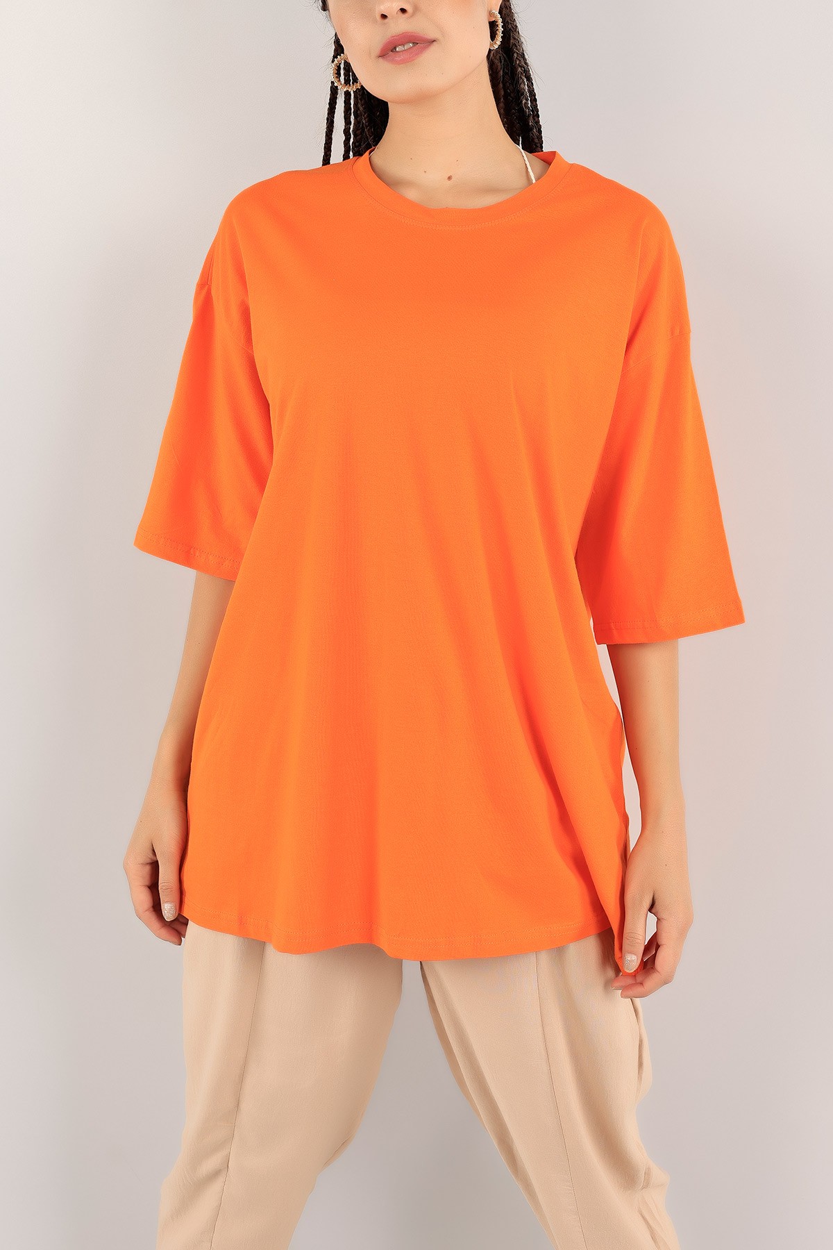 Turuncu Bisiklet Yaka Oversize Tişört 121475