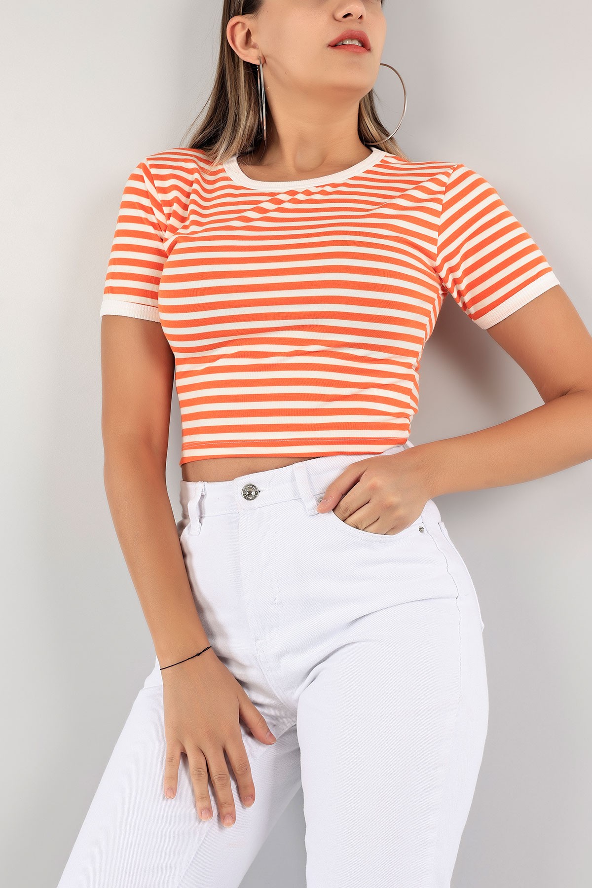 Turuncu Çizgili Crop Tişört 123467